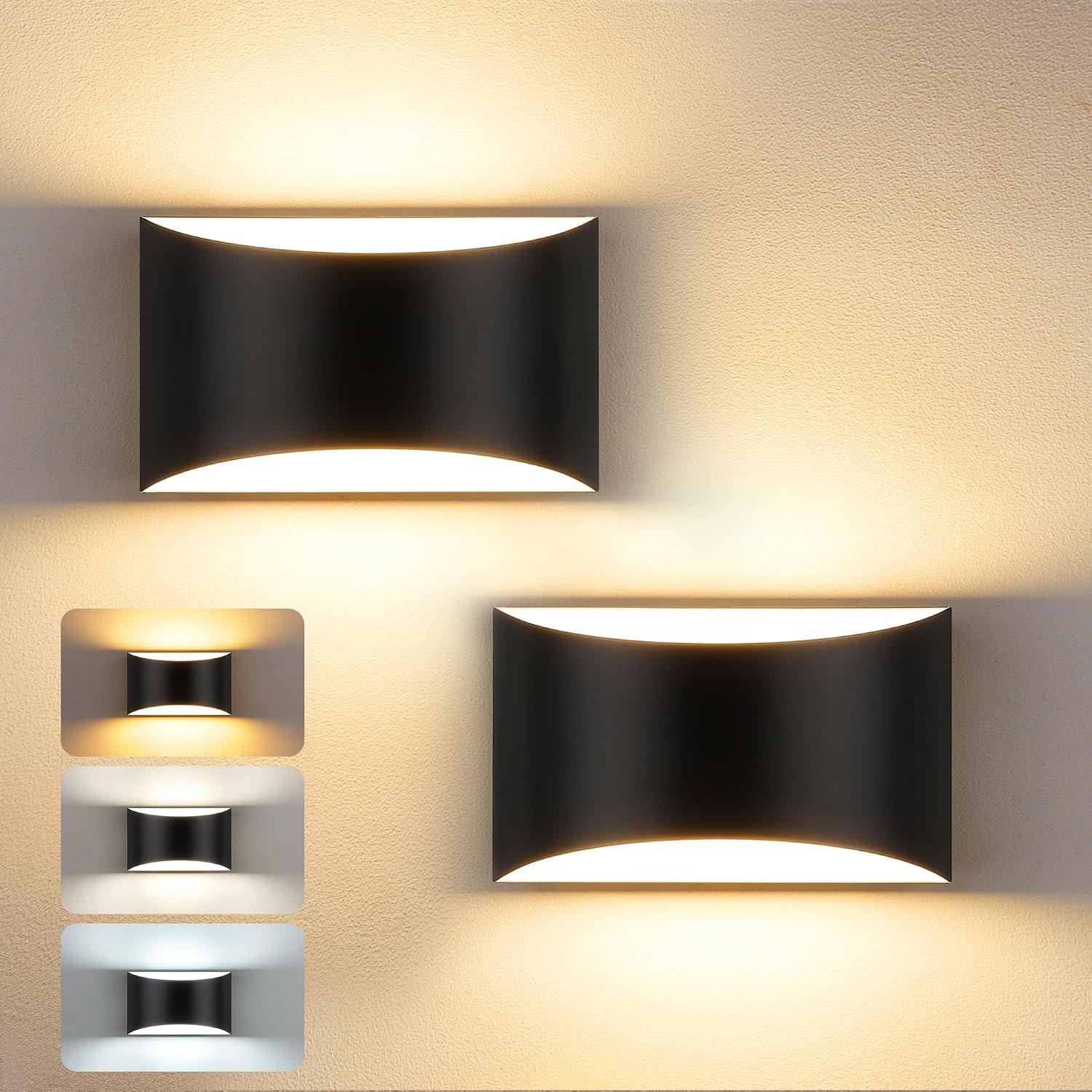 Modern LED Wall Sconce Set of 2, Black Indoor Wall Lights 3CCT | 3000K/4000K/6000K, Up/Down Hardwired Wall Mount Light, Easy Install Aluminum Wall Lighting, Bedroom, Living Room, Hallway