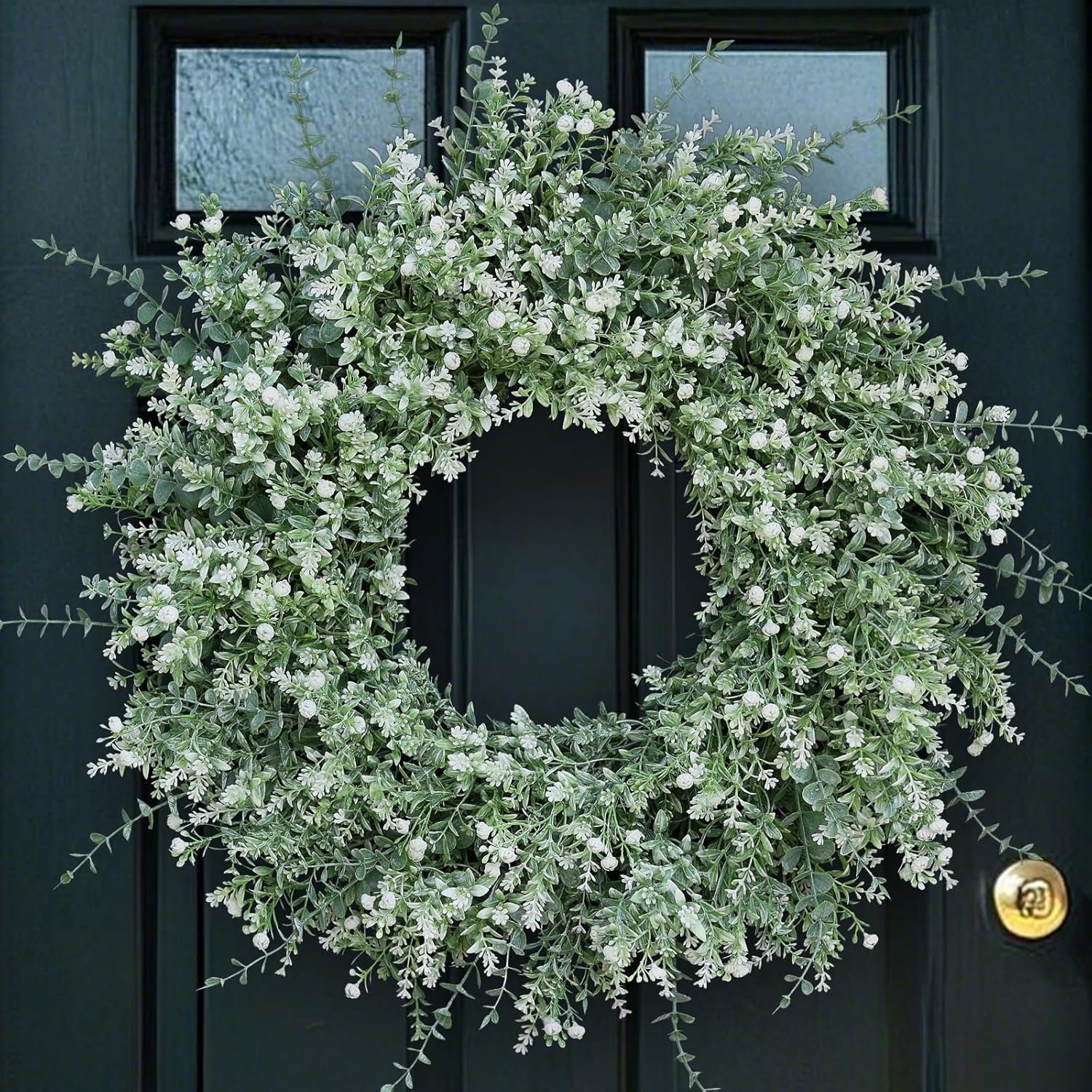26”Large Artificial Eucalyptus Wreath for Front Door(White-Green) | Lifelike Eucalyptus Lavender with Babys Breath Flowers Wreath, for Home Farmhouse Wall Spring/Summer/All Season Decor