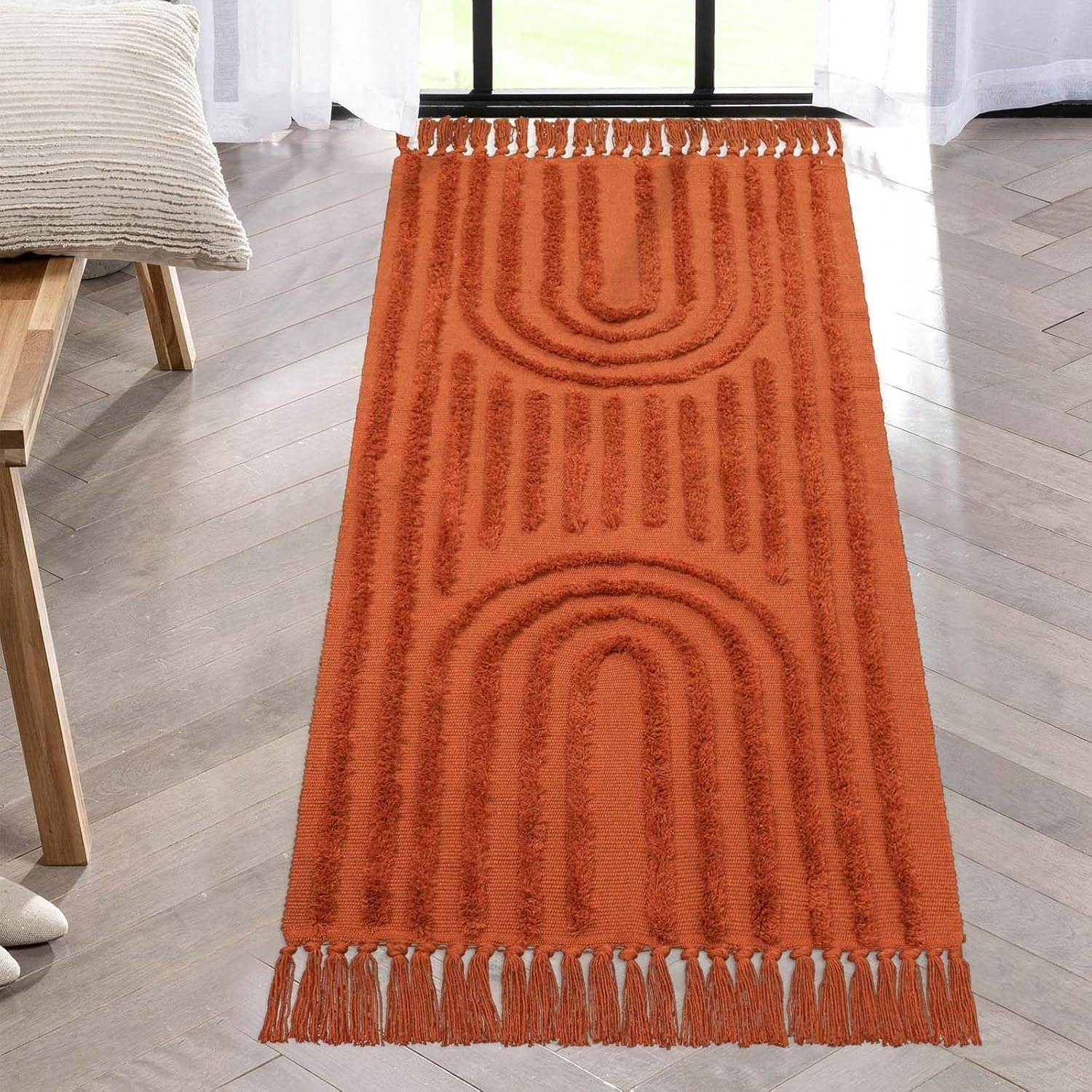 LEEVAN Washable Boho Kitchen Rug 2×4.3 Hand-Woven Entryway Rug Indoor | Terracotta Rainbow Bedroom Rug with Tassels, Farmhouse Tufted Bathroom Rugs, Bohemian Rugs for Bedside/Laundry/Nursery