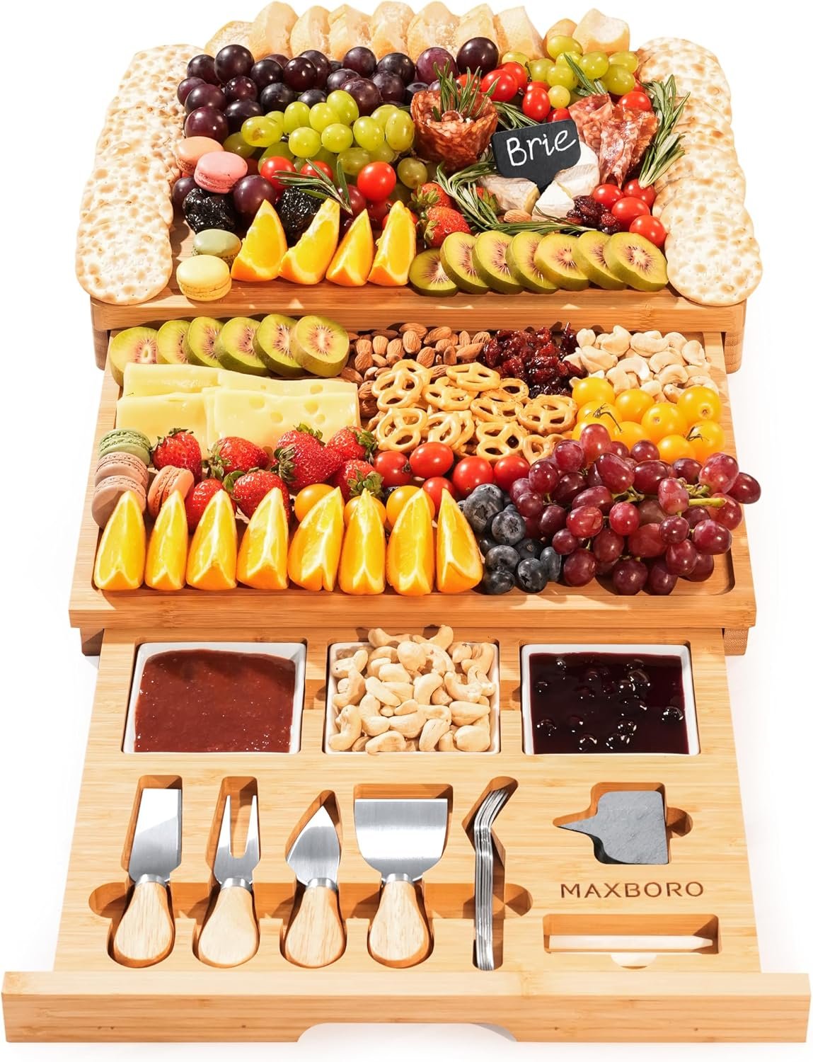 Extra Large Bamboo Charcuterie Board, 3-Layer Pull-Out Cheese Trays | 33.7″x15.7″ 3-Layer Pull-Out Cheese Board with Slate Plate, Knife Set, Bowls, Ideal for Home Parties and Housewarming Gifts