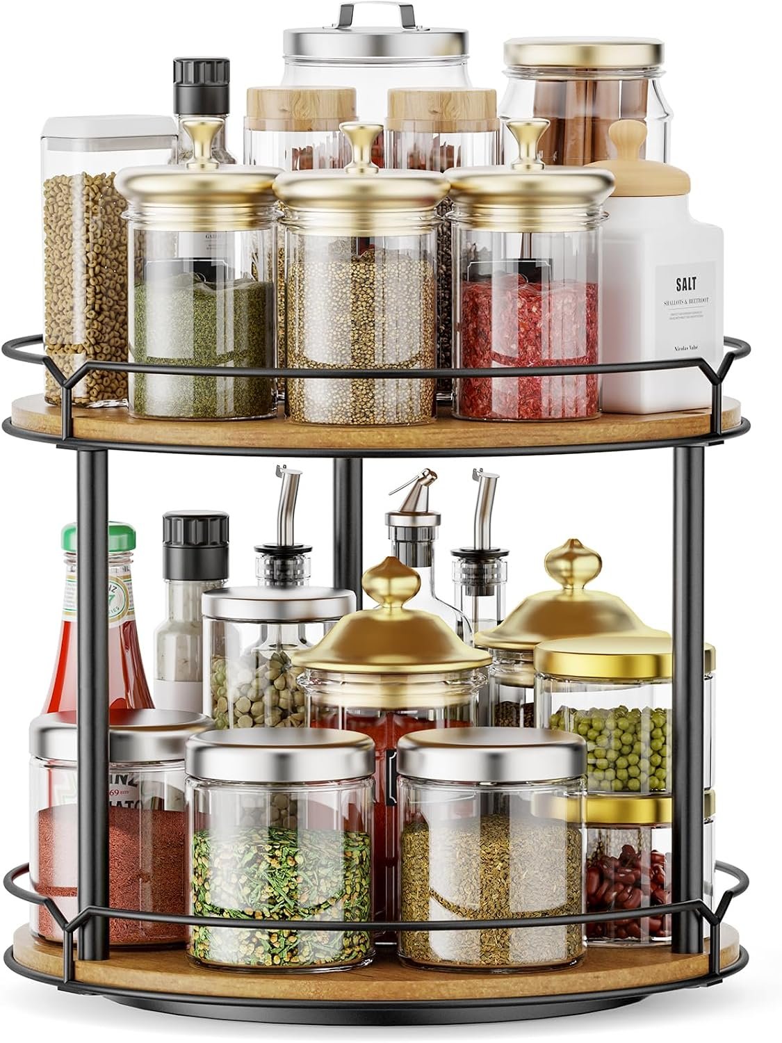 12.4″ Lazy Susan Organizer 2 Tier, Rotating Spice Rack, Wooden Spinning Spice Holder for Inside Cabinet, Pantry, Kitchen, Countertop, Bathroom and Vanity, Versatile Storage
