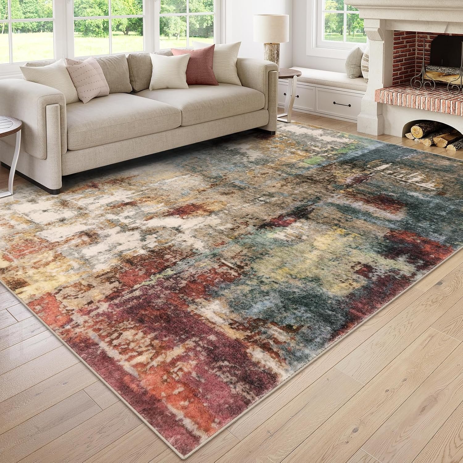 Lahome Modern Abstract 9×12 Area Rugs for Bedroom, Washable Living Room Rug for Bedroom Low Pile Non Slip, Red Soft Indoor Accent Carpet for Dining Room Table Home Decor Use