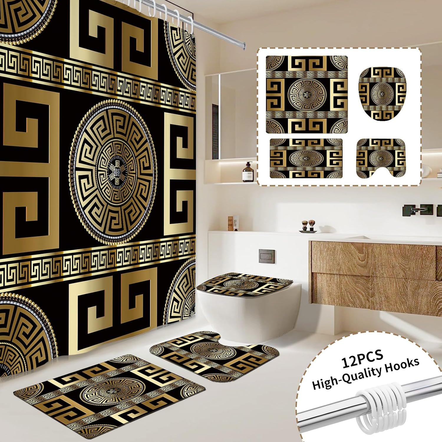 4PCS Black Gold Geometric Print Fabric Shower Curtain Set, Modern Waterproof Soft Fabric Shower Curtain Bathroom Trim, Non-Slip Bath mat, Applicable to bathrooms, Hotels,12 pcs Hooks, 71×71 in