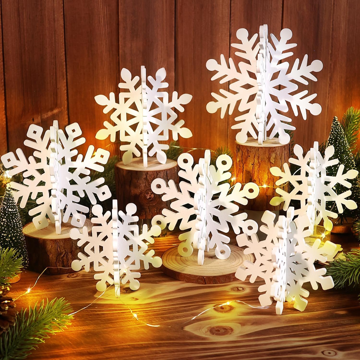 LHMTQVK 15 Pcs White Wooden Snowflakes Christmas Centerpiece Table Decorations – 7 Set 3D Snowflakes and Lights for Winter Wonderland Home Wedding Birthday Christmas Decor