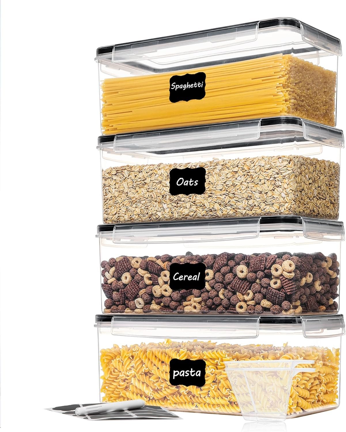 Vtopmart Pasta Storage Containers, 4 Pack, 3.2L Airtight Canisters | Horizonta Storage Design, Easy Access, Airtight BPA-Free Containers, Reusable Labels & Measuring Cups Included