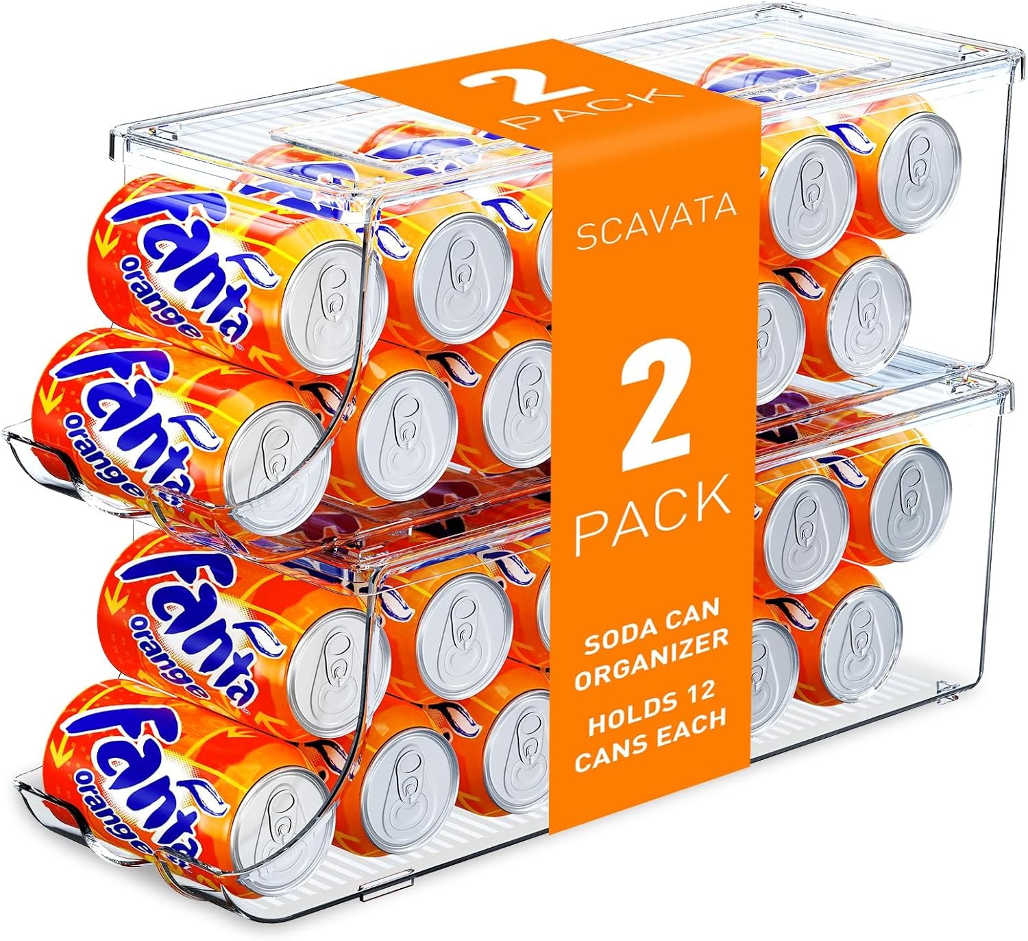 SCAVATA 2 Pack Soda Can Organizer for Refrigerator, Stackable Canned Food Pop Cans Container Can Holder Dispenser with Lid for Fridge Rack Freezer, Clear Storage Bins-Holds 12 Cans Each (Clear)