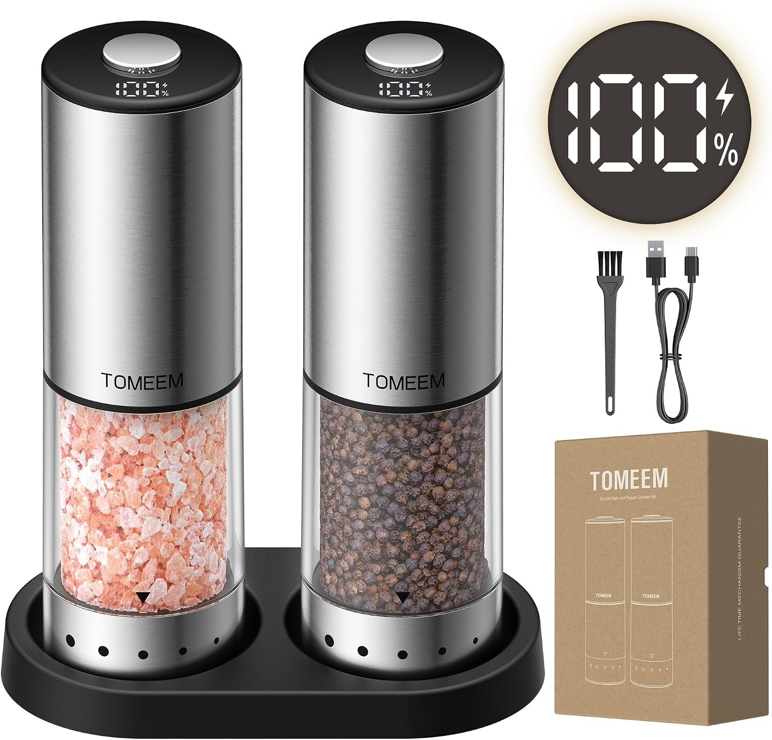TOMEEM Rechargeable Electric Salt and Pepper Grinder Set, Battery Display | 115ml Large Capacity Stainless Steel Automatic Pepper Mill with Black Storage Base, LED Light with 5 Adjustable Coarseness
