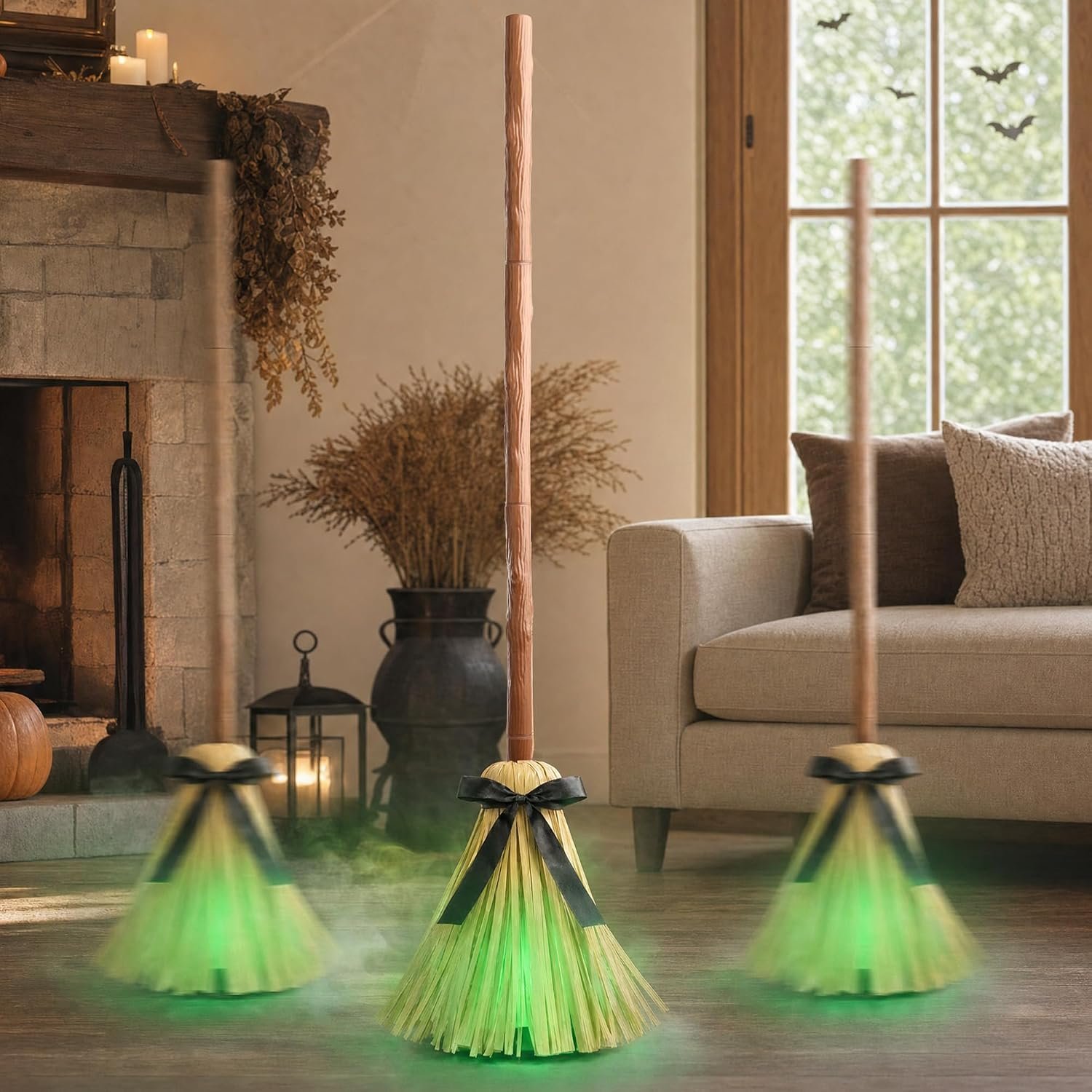 Halloween Decorations Indoor – 49″ Animated Floating Lighted Witch Broom | Sound/Mute Mode – Dancing Magic Broom for Home Party Decorations