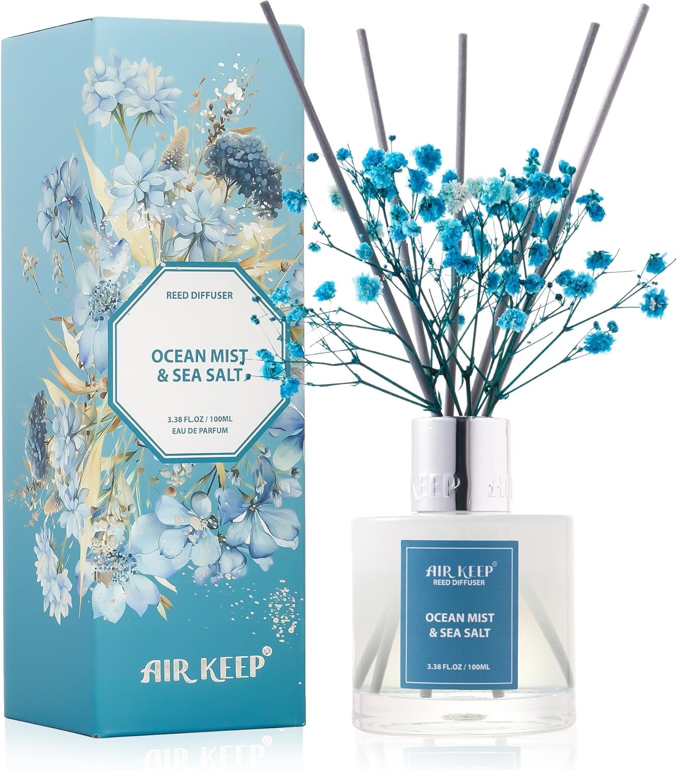 Reed Diffuser Set,3.38 fl oz (100 ml) – Ocean Mist&Sea Salt Oil Diffusers with 8 Reed Sticks,Home Fragrance Reed Diffuser for Bathroom Shelf Decor