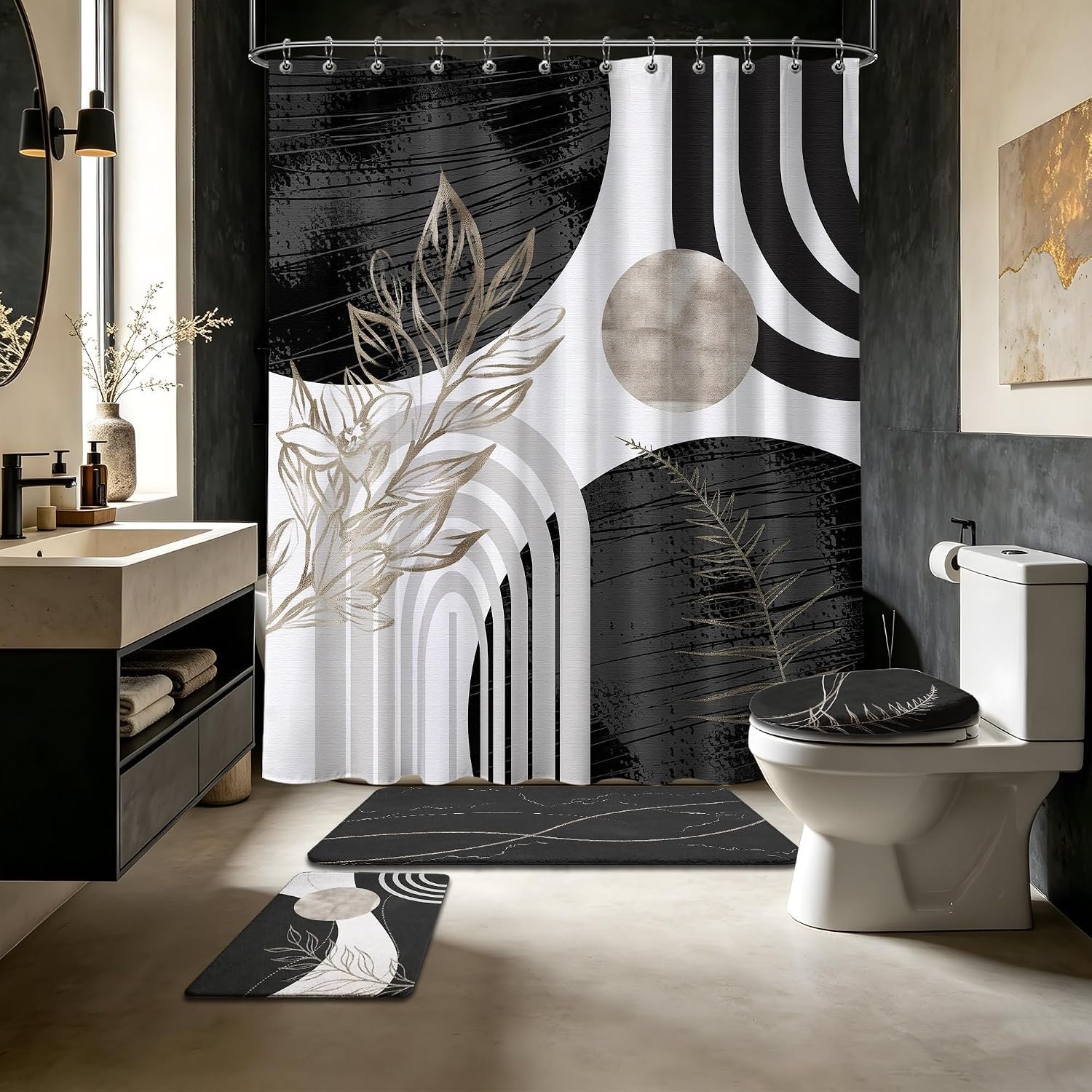 Black and White Shower Curtain Sets with Rugs, Boho Bathroom Decor | Mid Century Modern Bathroom Sets with Shower Curtain and Mats, Dark Grey Mens Theme, 4 Piece with Toilet Lid Cover