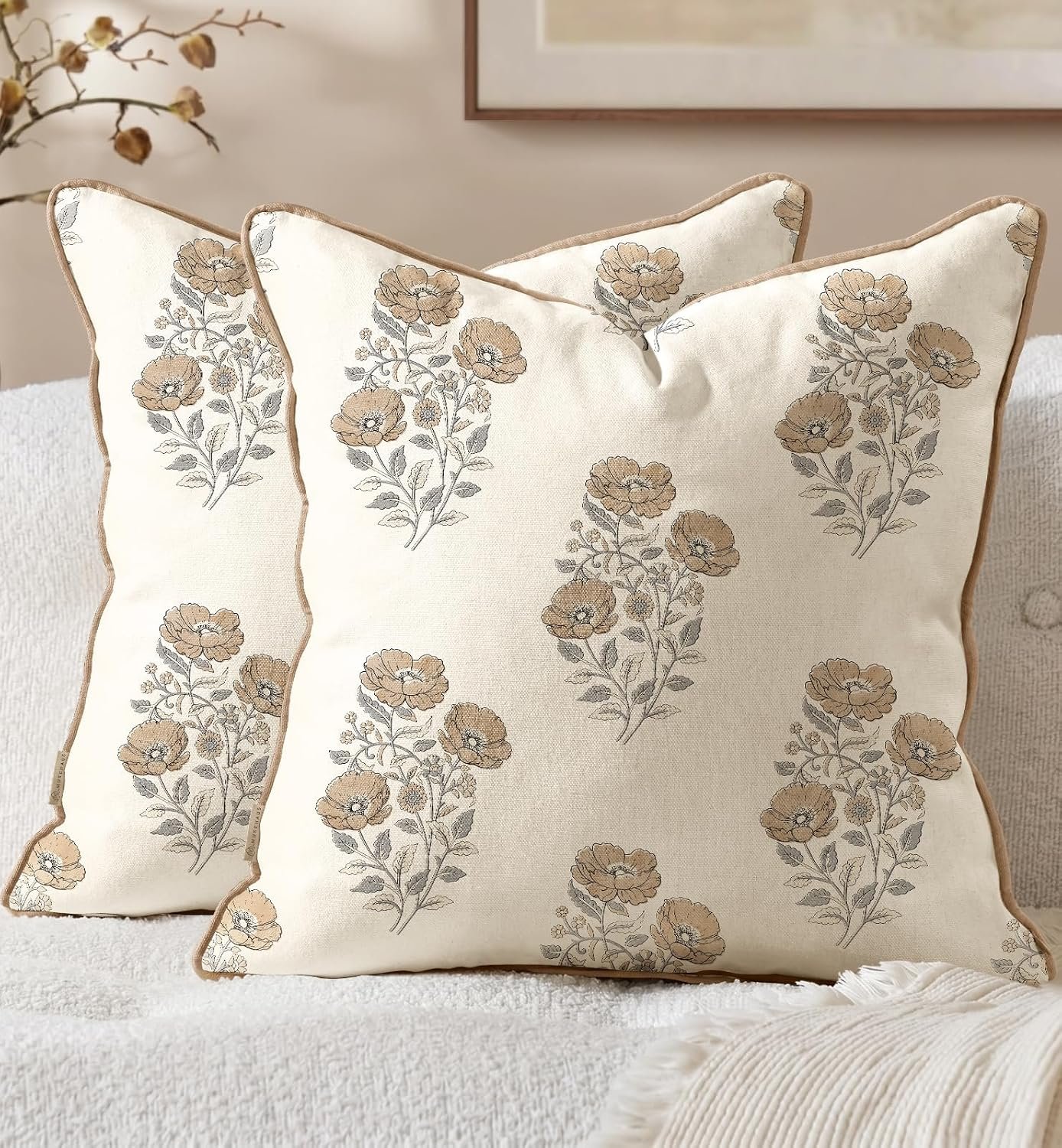Vintage Floral Block Print Throw Pillow Covers 18×18 Inch – Set of 2 Farmhouse Decorative Cushion Cases with Piping, Rustic Boho Pillow Covers for Couch Sofa Bed Living Room Home Decor