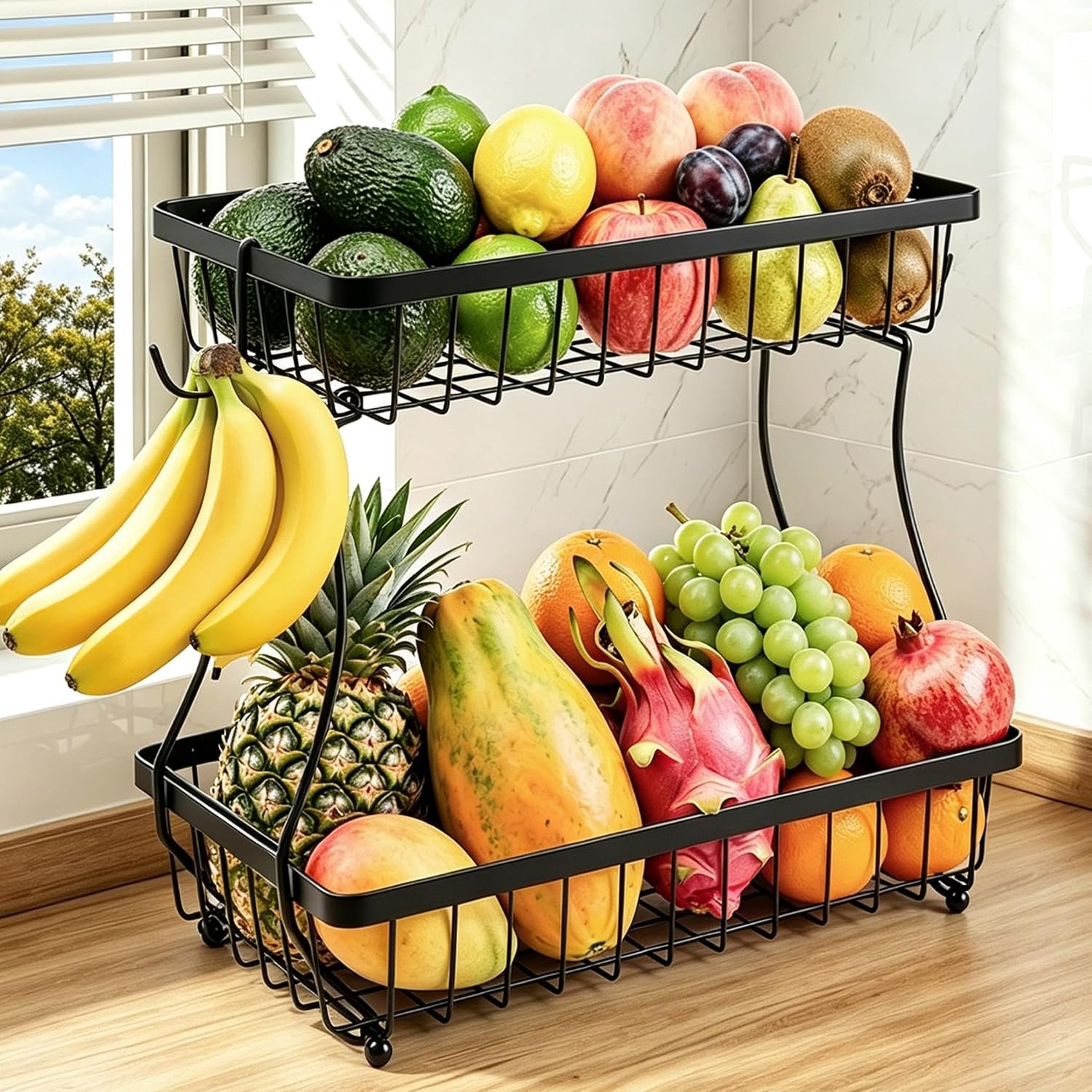 2-Tier Fruit Basket for Kitchen Counter with 2 Banana Hangers | Large Metal Fruit Bowl, Versatile Holder for Veggies, Produce Storage, 12.5″×7.5″×12″-Black