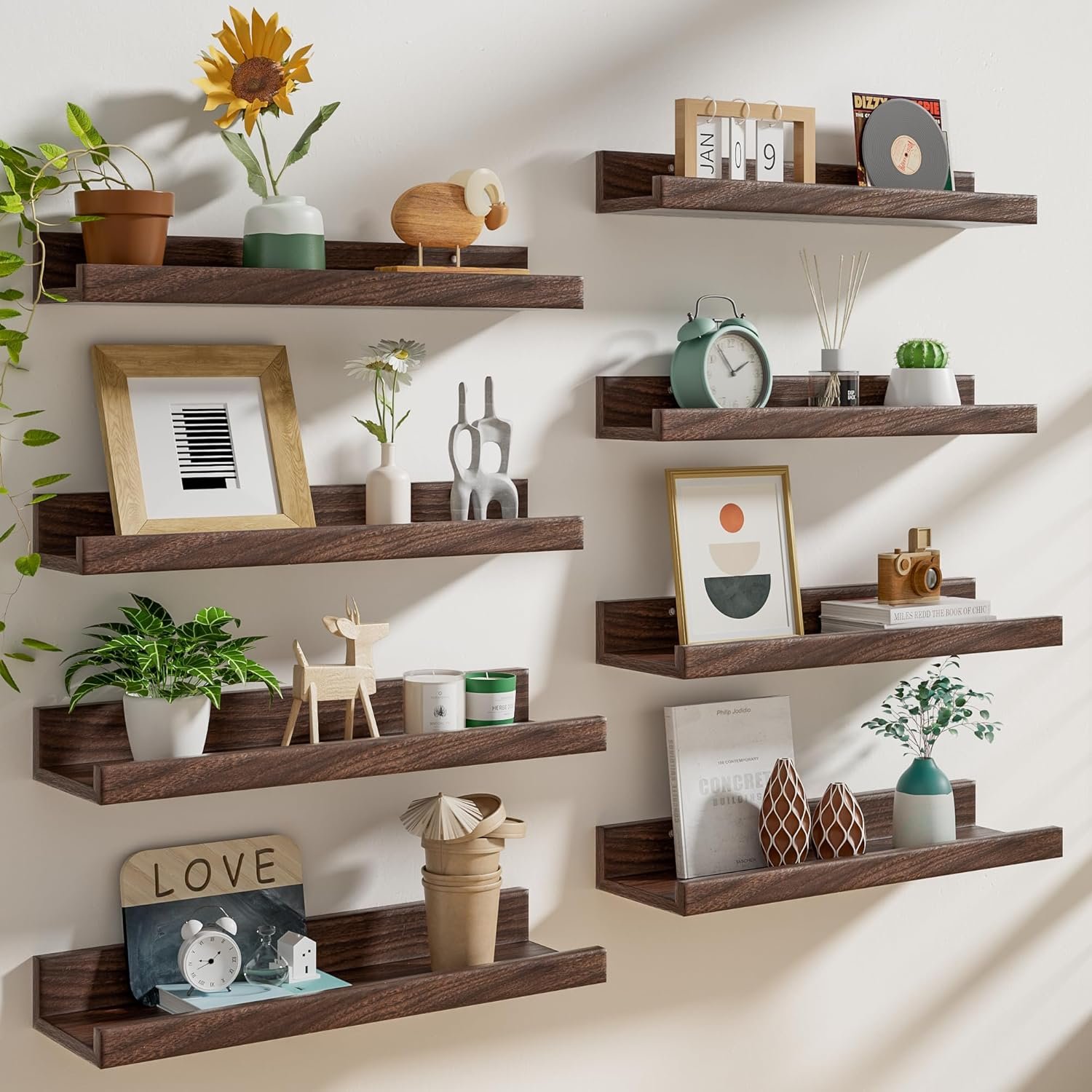 Heimlove 24 Inch Picture Ledge Set of 8 Walnut | Long with Lip for Living Room, Bedroom, Bookshelf, Photo Frames, Nursery Wall Mounted