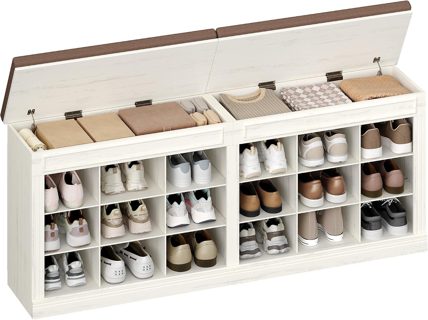 Hzuaneri Shoe Storage Bench, 18-Cubby Farmhouse Storage Bench with Cushion | Large Capacity Organizer Benches with Hidden Storage Space & Lifting Top for Living Room, Entryway, Rustic White SB57503GY