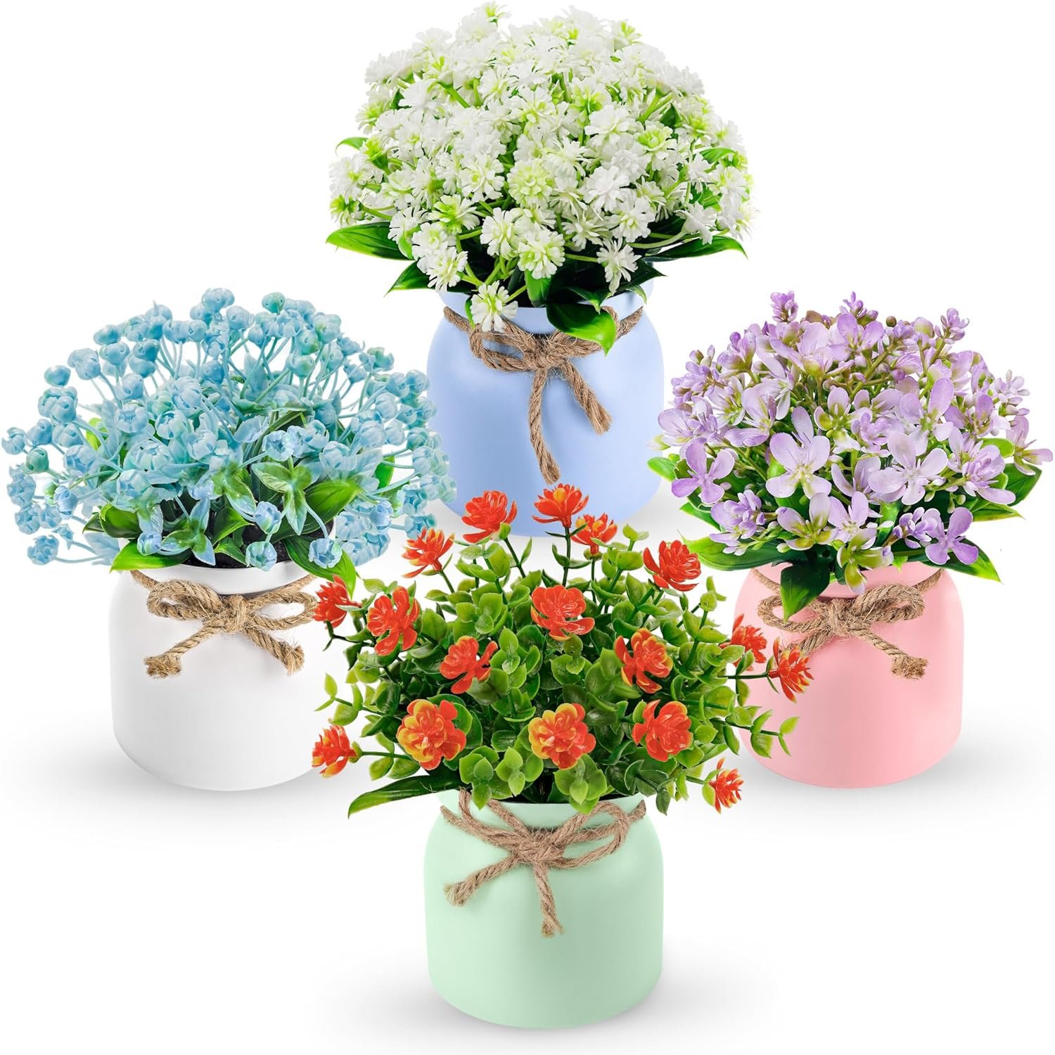 Der Rose 4 Pack Fake Flowers Artificial Plants in Pots, Table Home Decor | UV-resistant faux flowers, macaron pots with varied floral styles, for dining table desk kitchen and centerpiece decor indoor