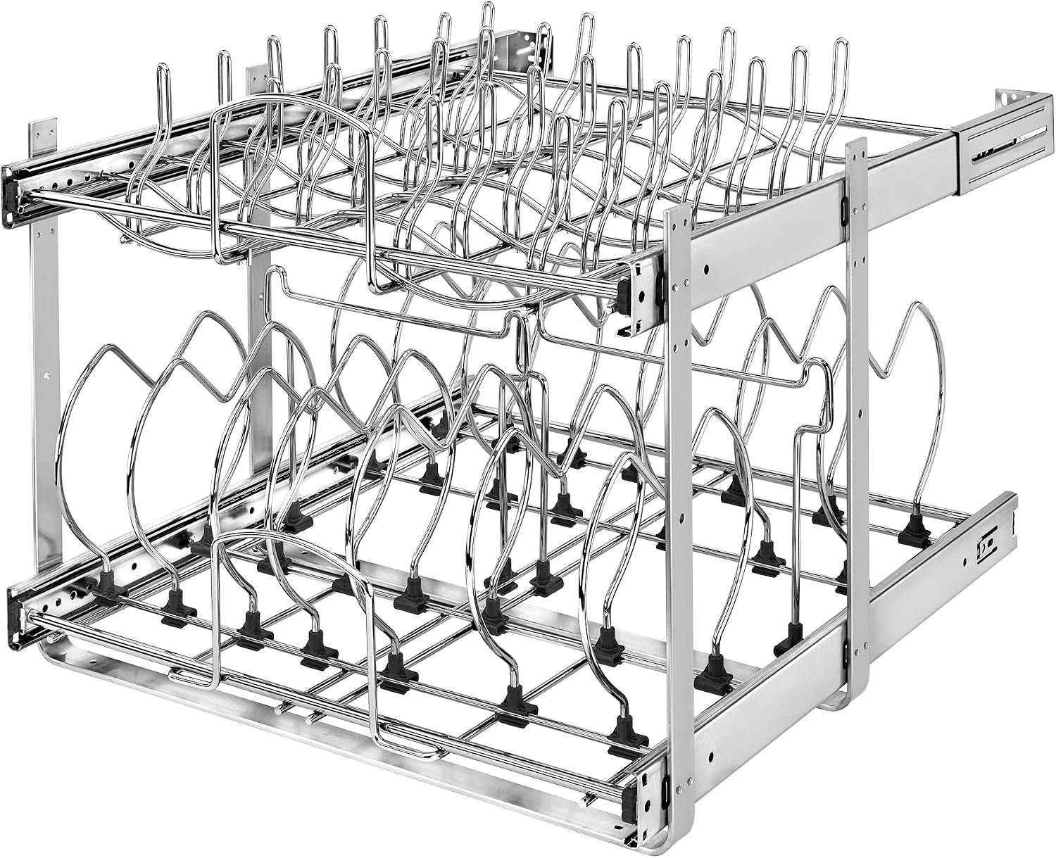 Rev-A-Shelf Kitchen Cabinet Pullout Organizer, Min Open Width of 20.5″ | 2-Tier U-Shaped Cookware Storage Rack for Pots, Pans, and Lid Cookware, Adjustable Heavy Duty Wire, Chrome, 5CW-1222-CR