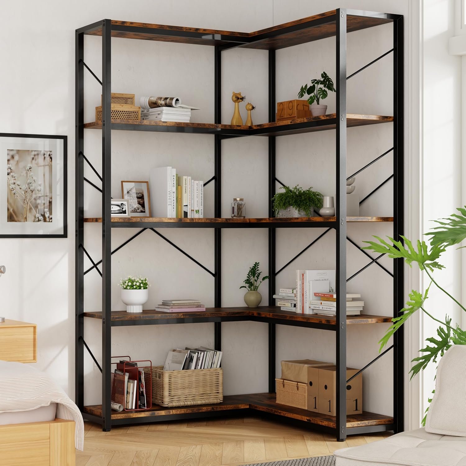 Shintenchi 5 Tier Corner Bookshelf, L Shaped Large Bookcase, Rustic Brown | Etagere Bookcase, Corner Shelf Display Storage Rack, with Metal Frame, for Living Room, Bedroom, Office