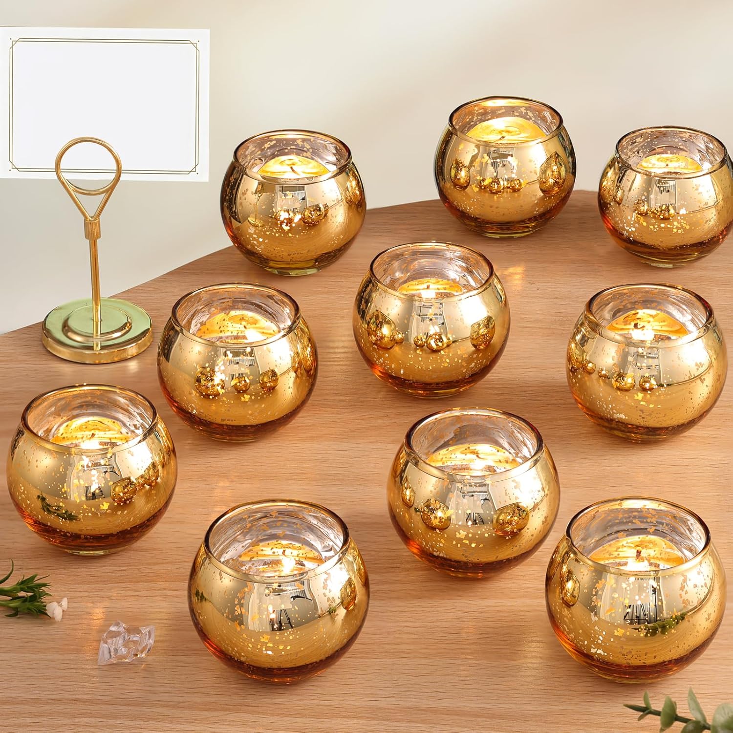 Volens Round Gold Votive Candle Holders, Mercury Glass Votives Set of 12 | Tealight Candle Holders for Fall Table Centerpieces, Diwali Decorations for Home