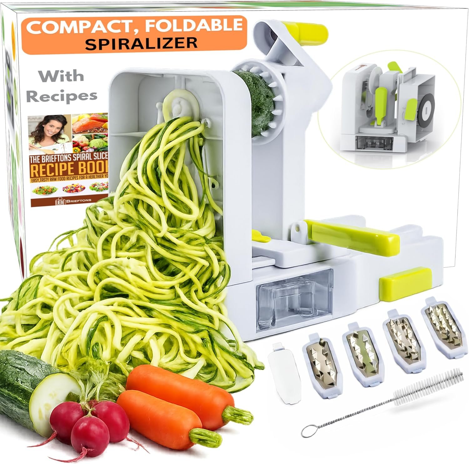 Brieftons QuickFold 5-Blade Spiralizer: Compact Foldable Manual Vegetable Spiralizer & Zucchini Noodle Maker, 5 Japanese Stainless Steel Blades, Spaghetti Maker for Potatoes, Keto Paleo Gluten-Free