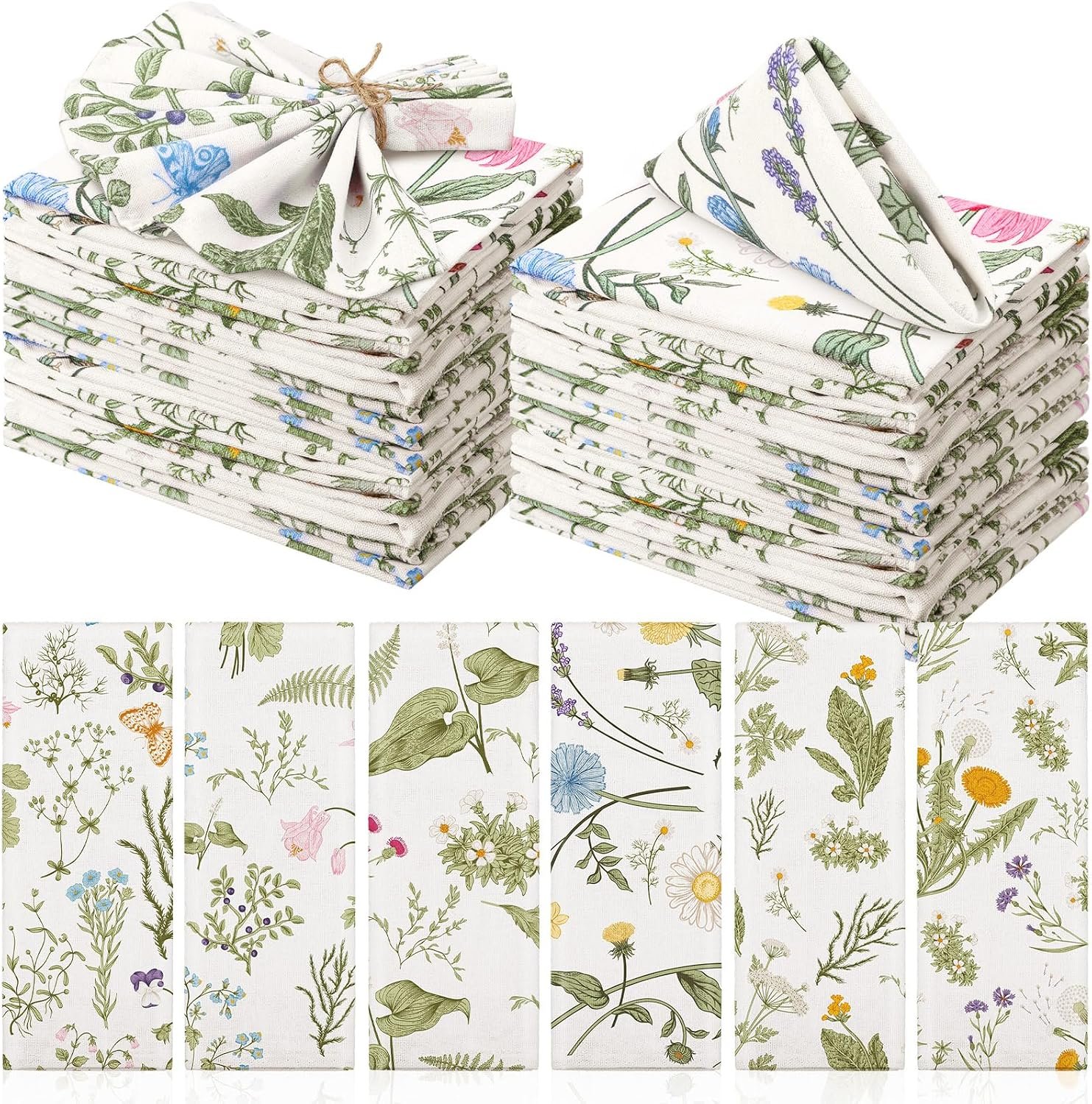 Funnymoom 24 Pcs Herbs and Wild Flowers Cloth Napkins Floral Plants Reusable Napkins Country French Toile Dinner Soft Absorbent for Summer Holiday Party