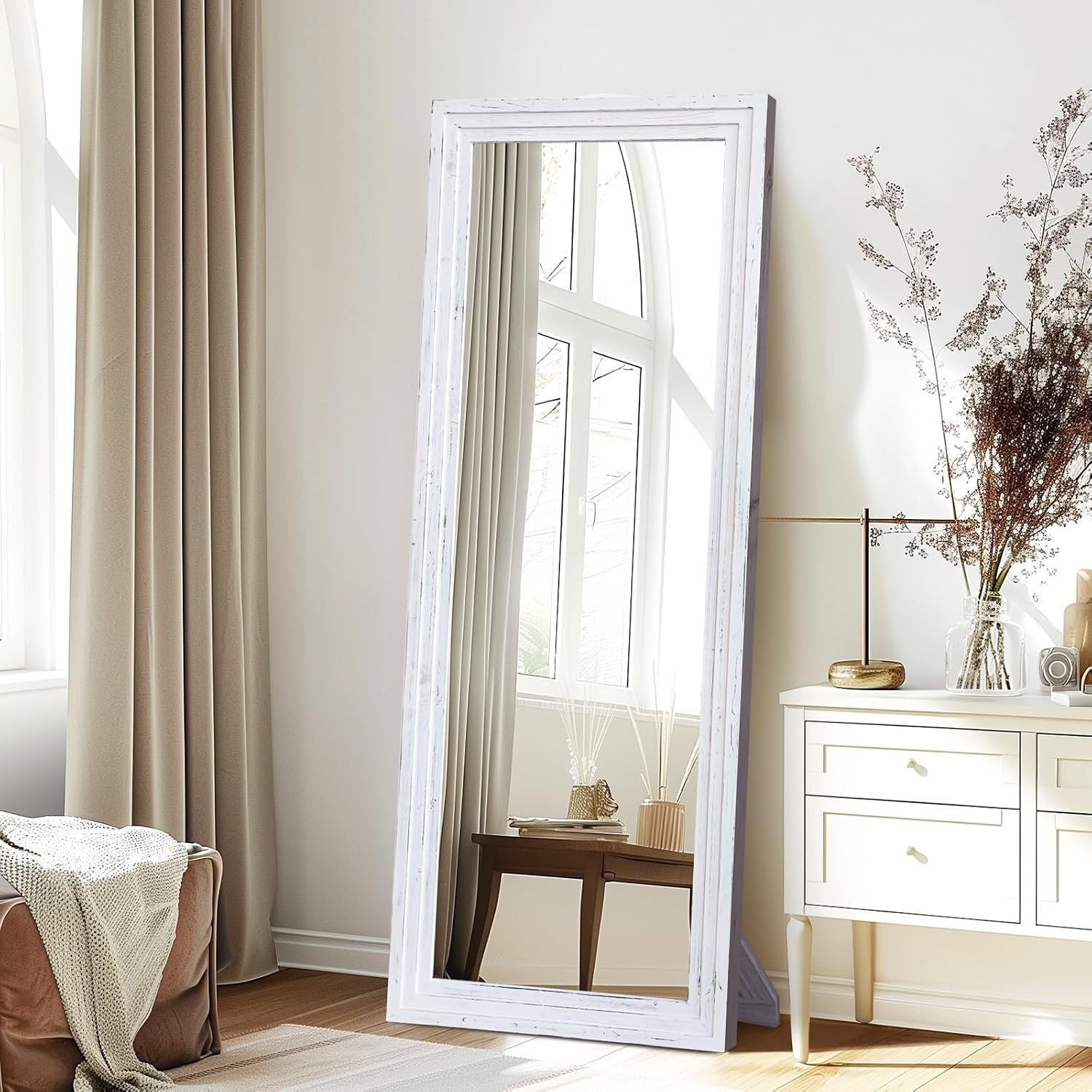 65″x22″ Full Length Mirror Solid Wood Frame Floor Mirror with Stand for Living Room, Bedroom Hanging Standing or Leaning, White