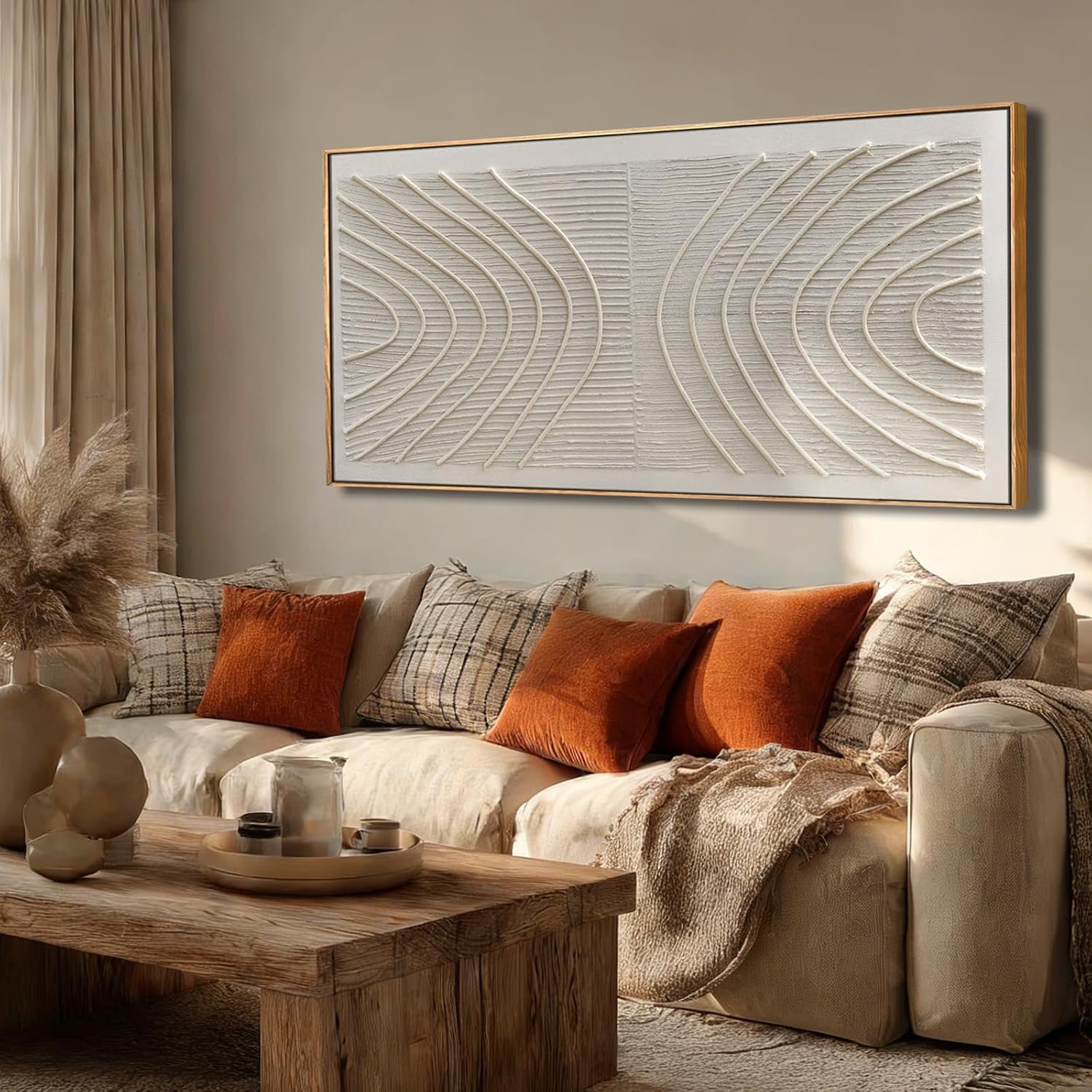 Hue7Art Line Art Canvas Wood Frame Wall Art Cream Beige Living Room 29×58