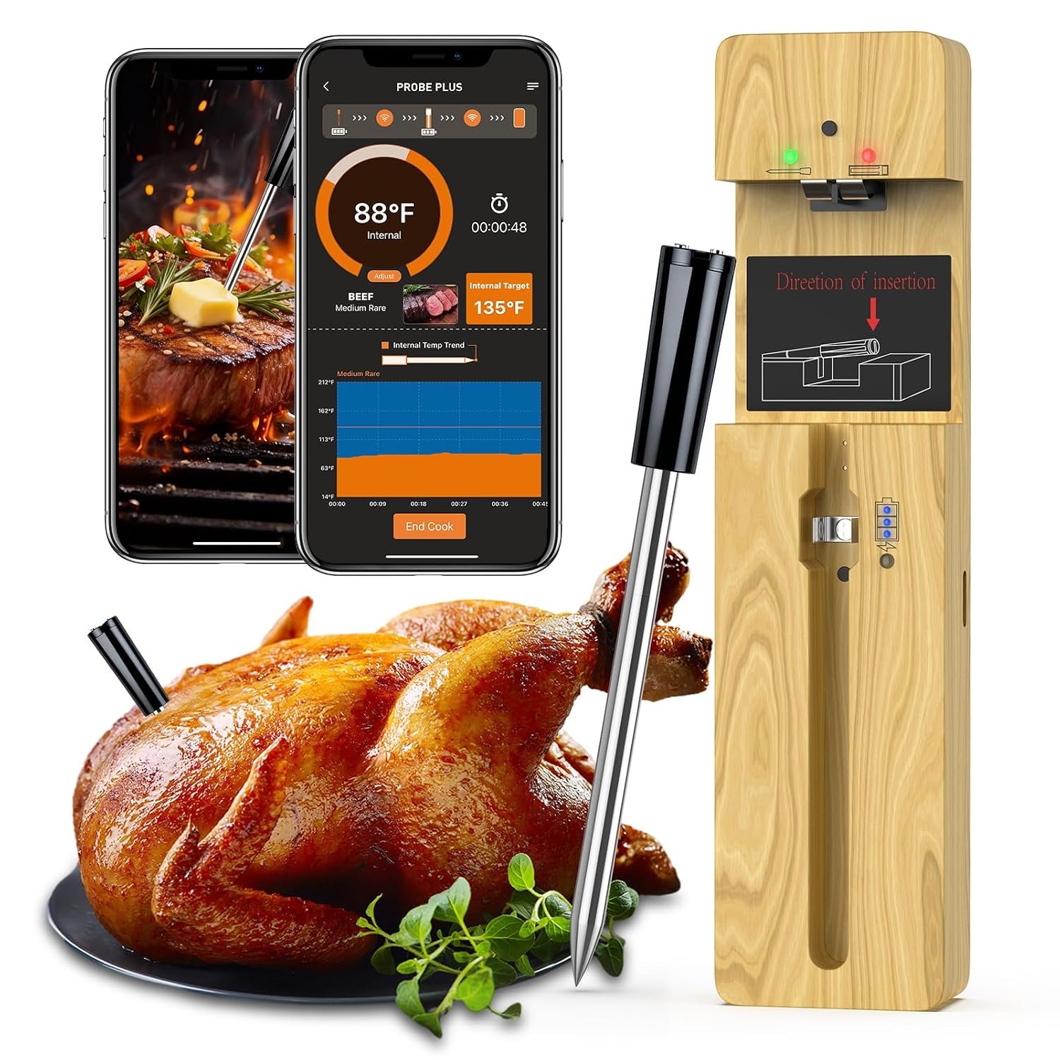 Wireless Meat Thermometer Bluetooth with Ceramic Probe: Waterproof Digital Oven Food Thermometer for Grill Fryer BBQ, 600Ft Range & Smart App for iOS/Android/air Home, Apartment