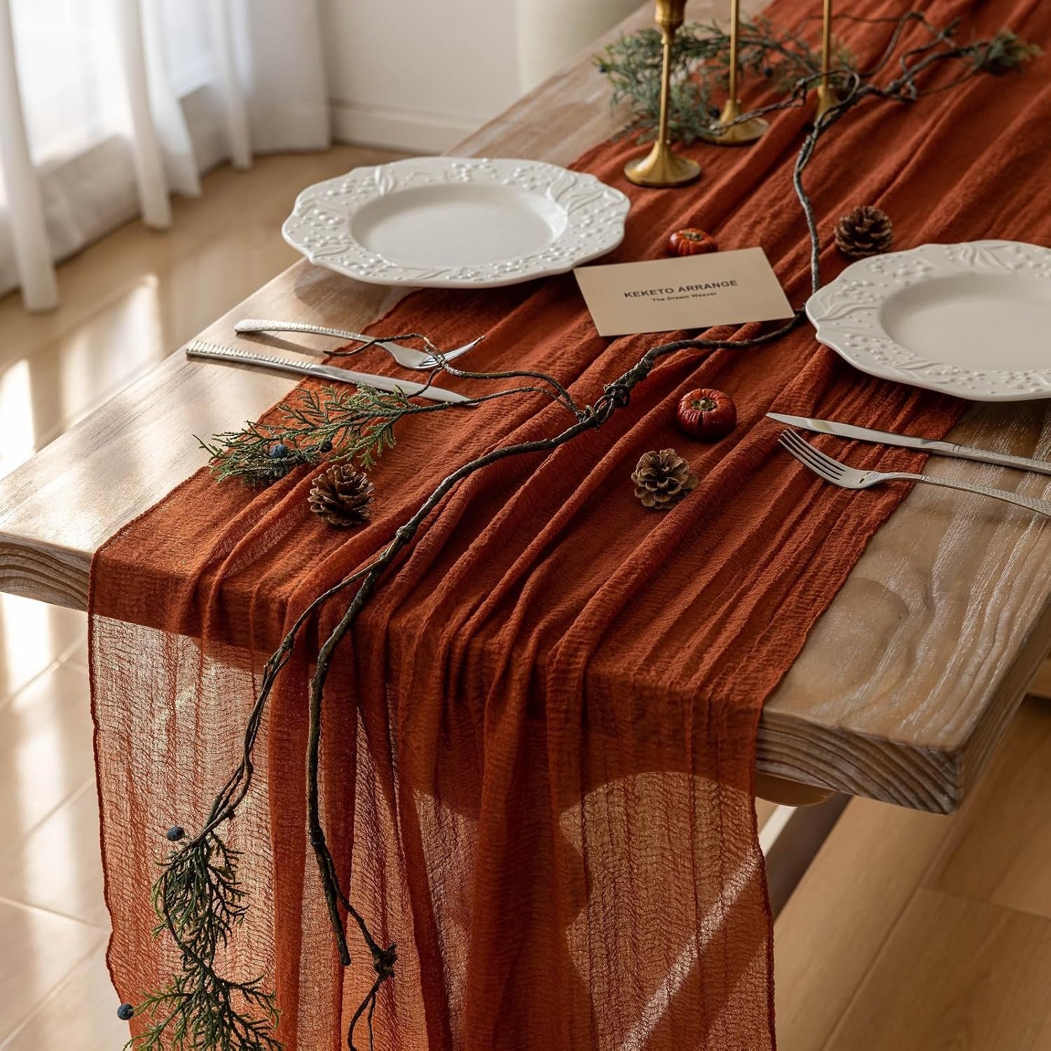 Fall Terracotta Cheesecloth Table Runner 120 Inch Party Home Decor | For Thanksgiving, Friendsgiving, wedding, bridal shower baby shower, engagement party,or a rustic boho home decorations.