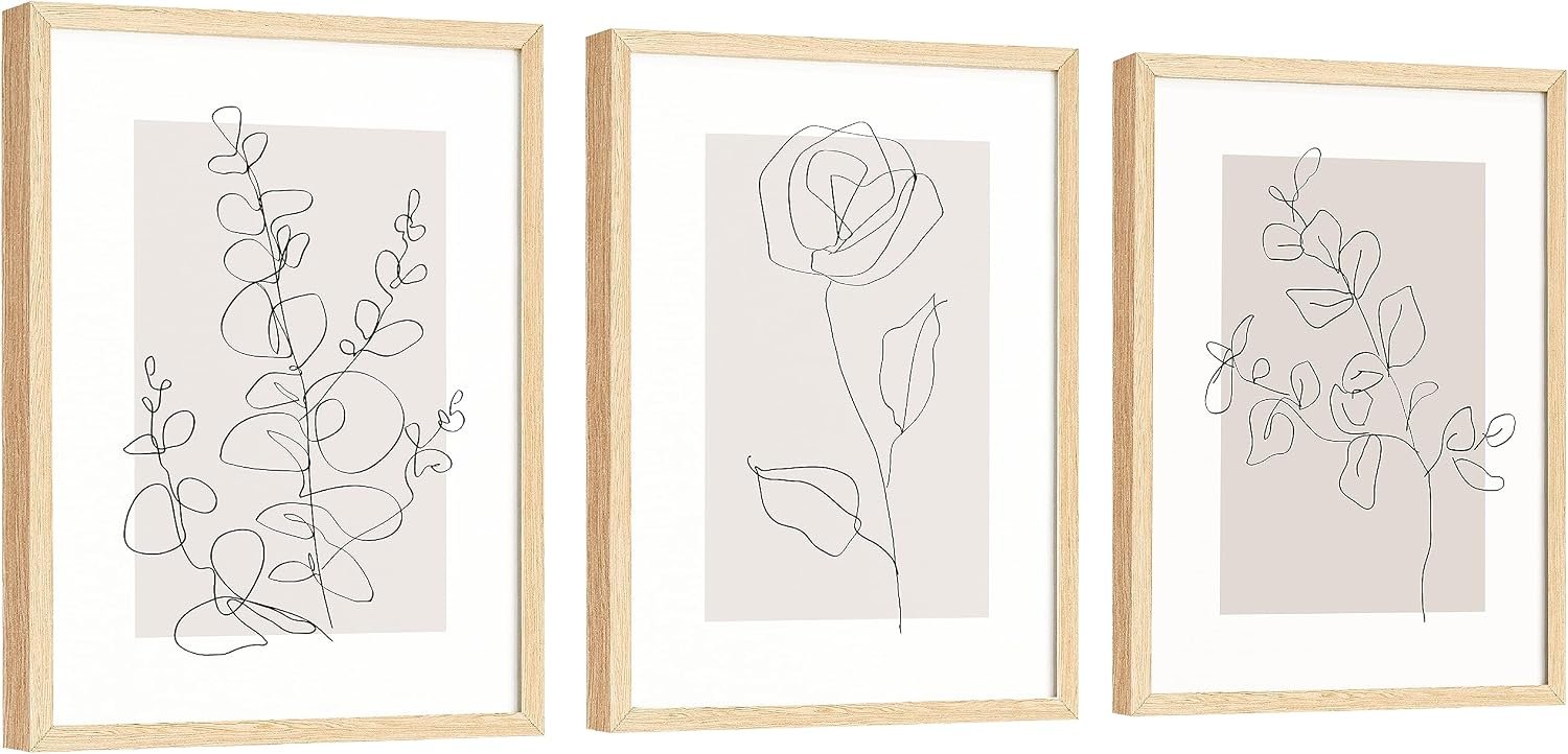 EXCOOL CLUB Beige Botanical Wall Art, 3 Pc 12×16 Line Art Prints Unframed | 3 prints 12×16 in, cardstock, black and white minimalist flowers, bedroom, living room, bathroom