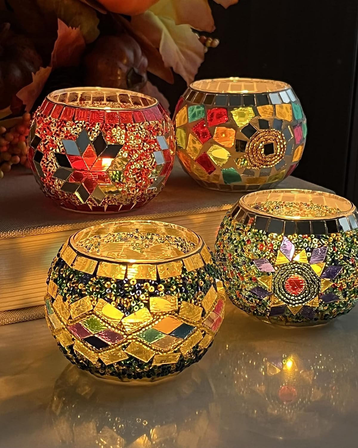 SHMILMH Glass Candle Holder Set of 4, Diwali Gift Votive Candle Holders Handmade Mosaic Glass Tealight Holders Diwali Christmas Table Decorations for Home