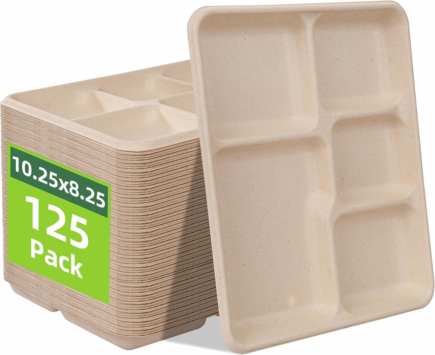 WELLIFE 125 Pack Kids Small 5-Compartment Paper Plates 10.25×8.25 Inch | 100% Compostable Divided Plates Disposable School Lunch Trays, Eco-Friendly Bagasse Plate for Boys Girls and Youth (BPA Free)