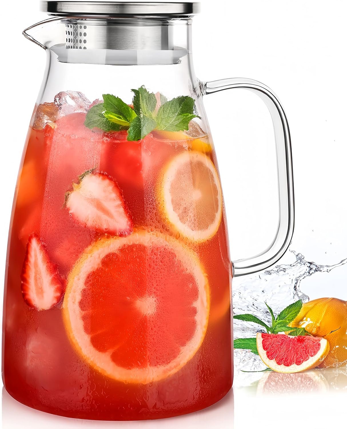 2 Liter 68oz Borosilicate Pitcher with Lid, Glass Jug with Handle and Spout | For Fridge,For Iced Tea,Juice,Sangria,Cold/Hot Beverage,Large Jug,Water Pitcher