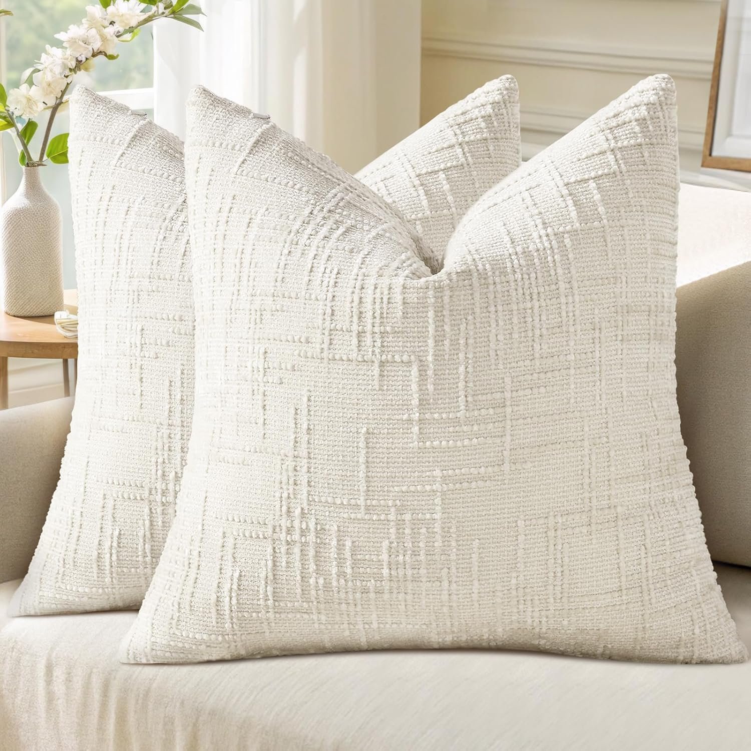 decorUhome Textured Chenille Throw Pillow Covers 18×18 Set of 2 Cream White | Fall Modern Farmhouse Soft Cozy Slubby Couch Pillow Cases Boho Decorative Pillow Cases for Bed Sofa Living Room Home Decor