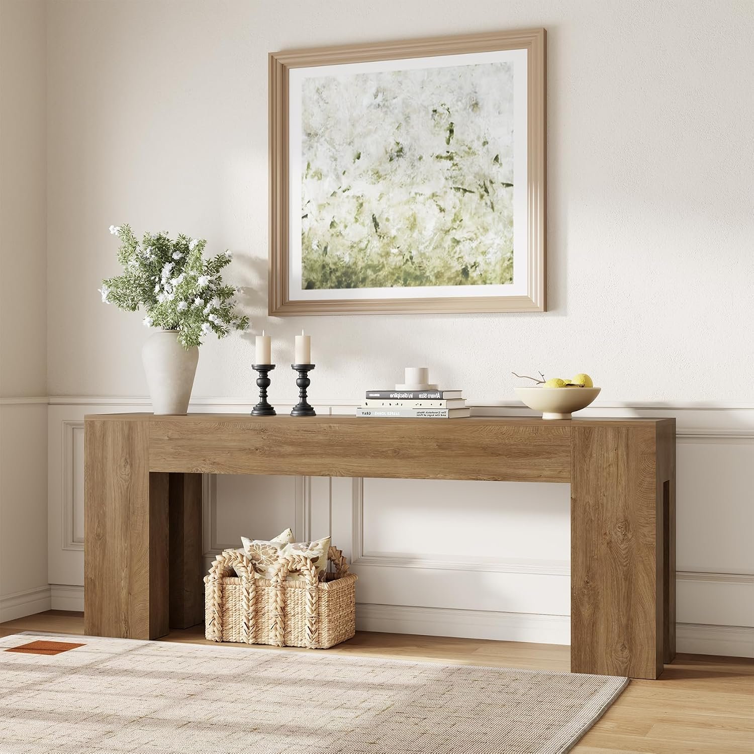 Epecoya Extra Long Sofa Console Table for Entryway 79-Inch, Natural Oak | Farmhouse Wood Behind Couch Table, Rectangular Accent Console with Wooden Double Base for Living Room, Hallway