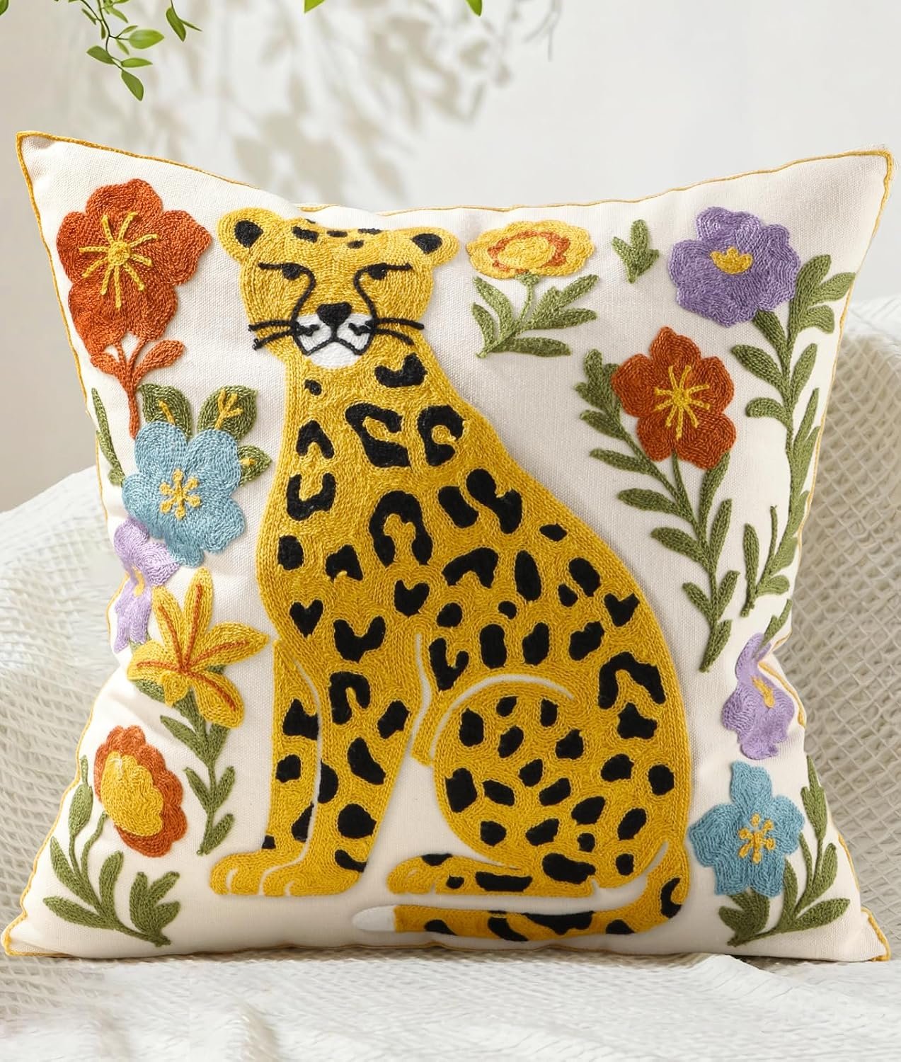 Animal Embroidered Throw Pillow Cover 18×18 Inch, Leopard Floral | Decorative Pillow Cover, Boho Cushion Cases with Hidden Zipper, Fall Decor for Couch, Sofa, Living Room, Bedroom