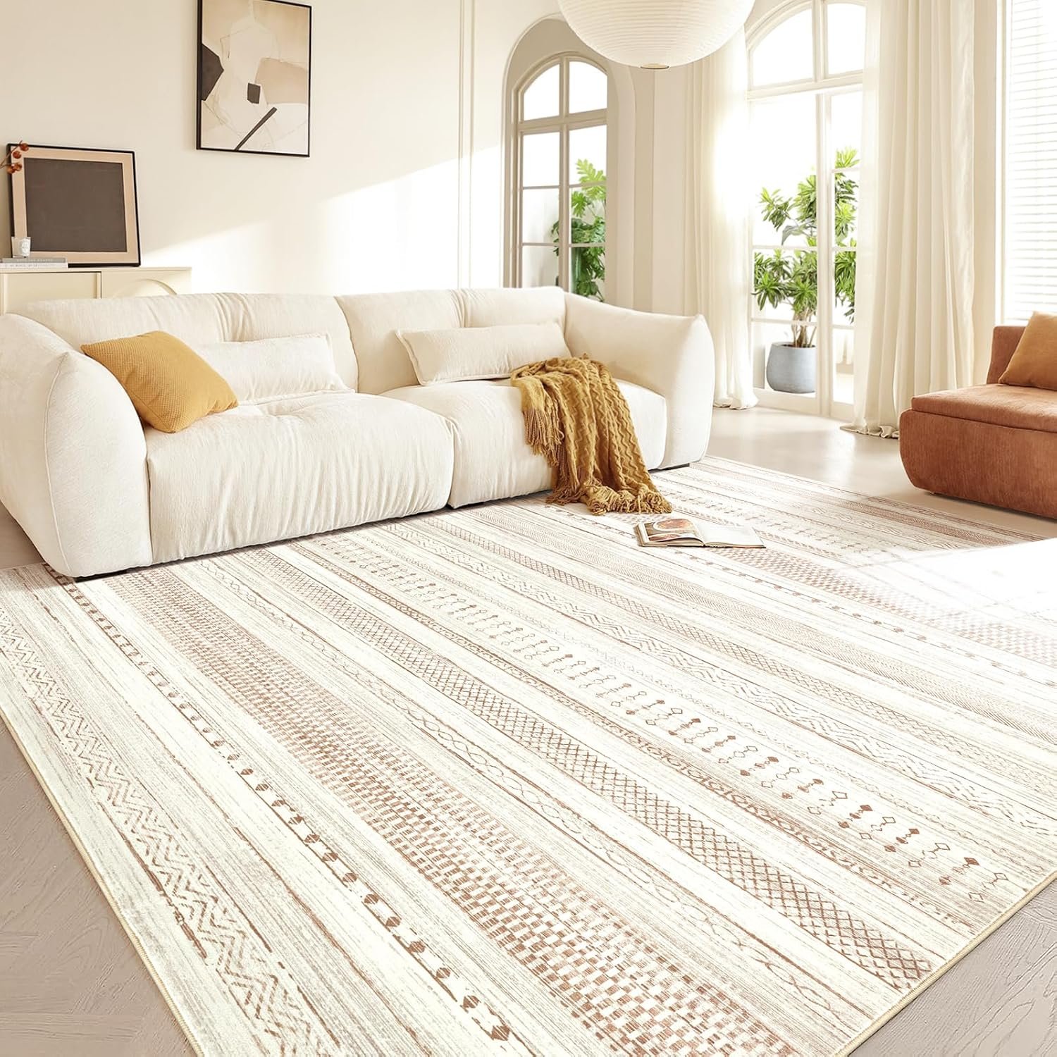 Boraya Area Rugs for Living Room: 5×7 Washable Boho Rug for Bedroom Large Neutral Bohemian Moroccan Farmhouse Geometric Dining Room Rugs Ultra Soft Floor Carpet Indoor for Home Office – Brown