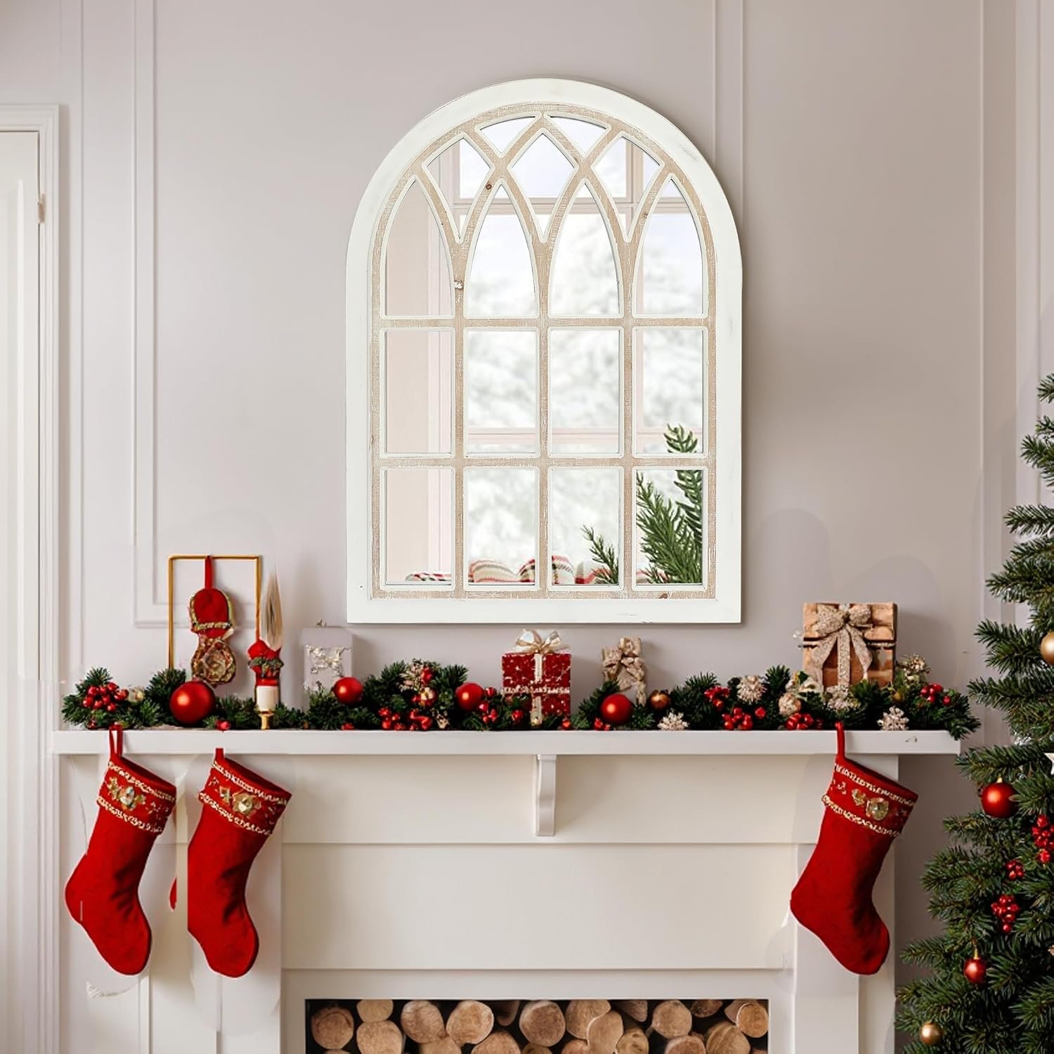 Farmhouse Window Pane Mirror, Large Decorative White Wall Mirror | Arched Wall Mirror with Window Pane for Living Room Kitchen Entryway, 24 L x 34 (White Frame with Brown)