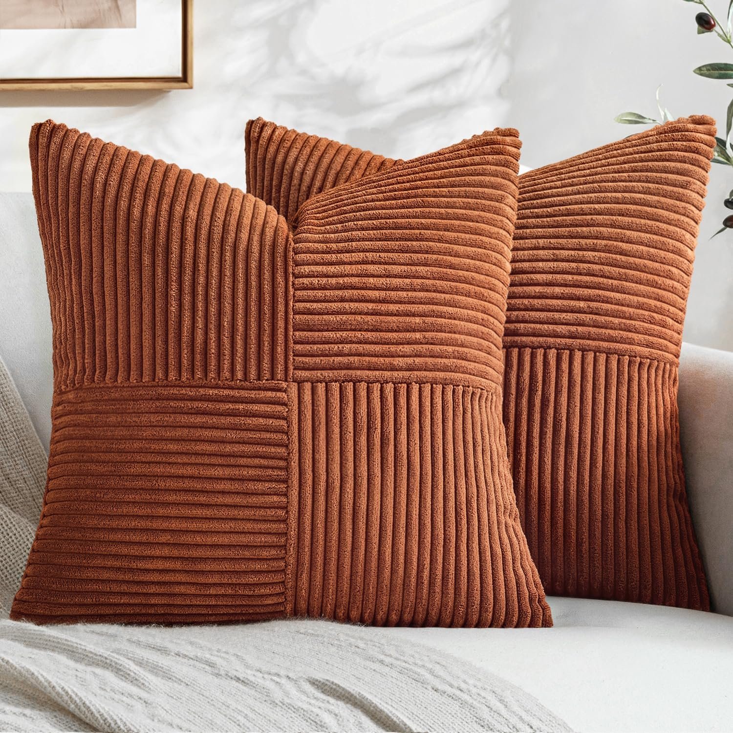 MIULEE Fall Rust Boho Decorative Throw Pillow Covers for Couch 18×18 Inch | 2 Pack, Boho Farmhouse Pillow Covers, Soft Cross Corduroy Patchwork Textured Cushion Cases For Bed Sofa