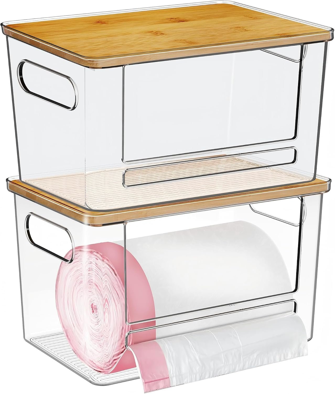 Trash Bag Dispenser 2 Pack – Under Sink Organizer, Plastic Bag Holder | Stackable Acrylic Garbage Bag Storage with Bamboo Lid for Kitchen Cabinet, 13/30/33 Gallon Grocery Bag Dispenser