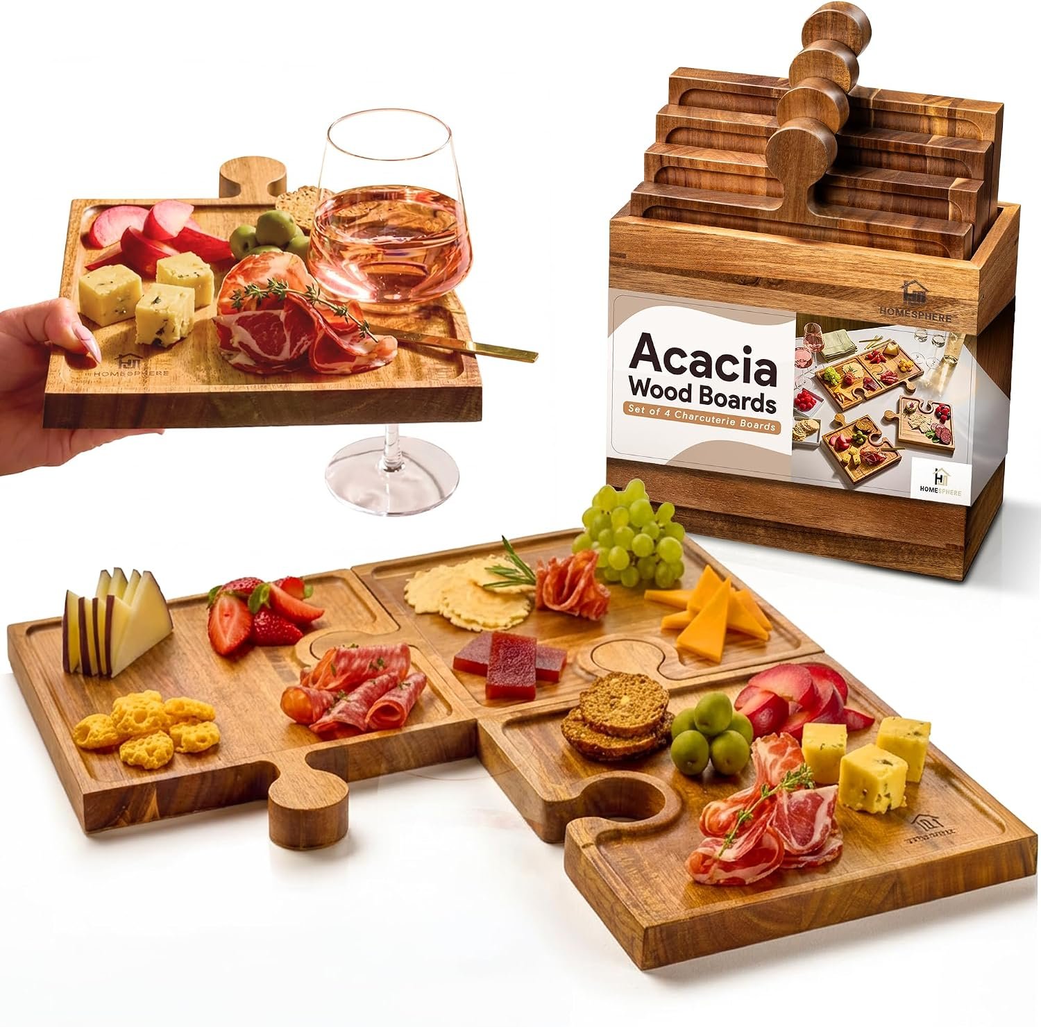 Homesphere Wooden Charcuterie Boards, Appetizer Tray for Parties & Cutting Board with Handle, Set of 4, Acacia Wood Board, Wine Gifts, Wine Accessories, Interlocking Puzzle Serving Tray w/Storage Box
