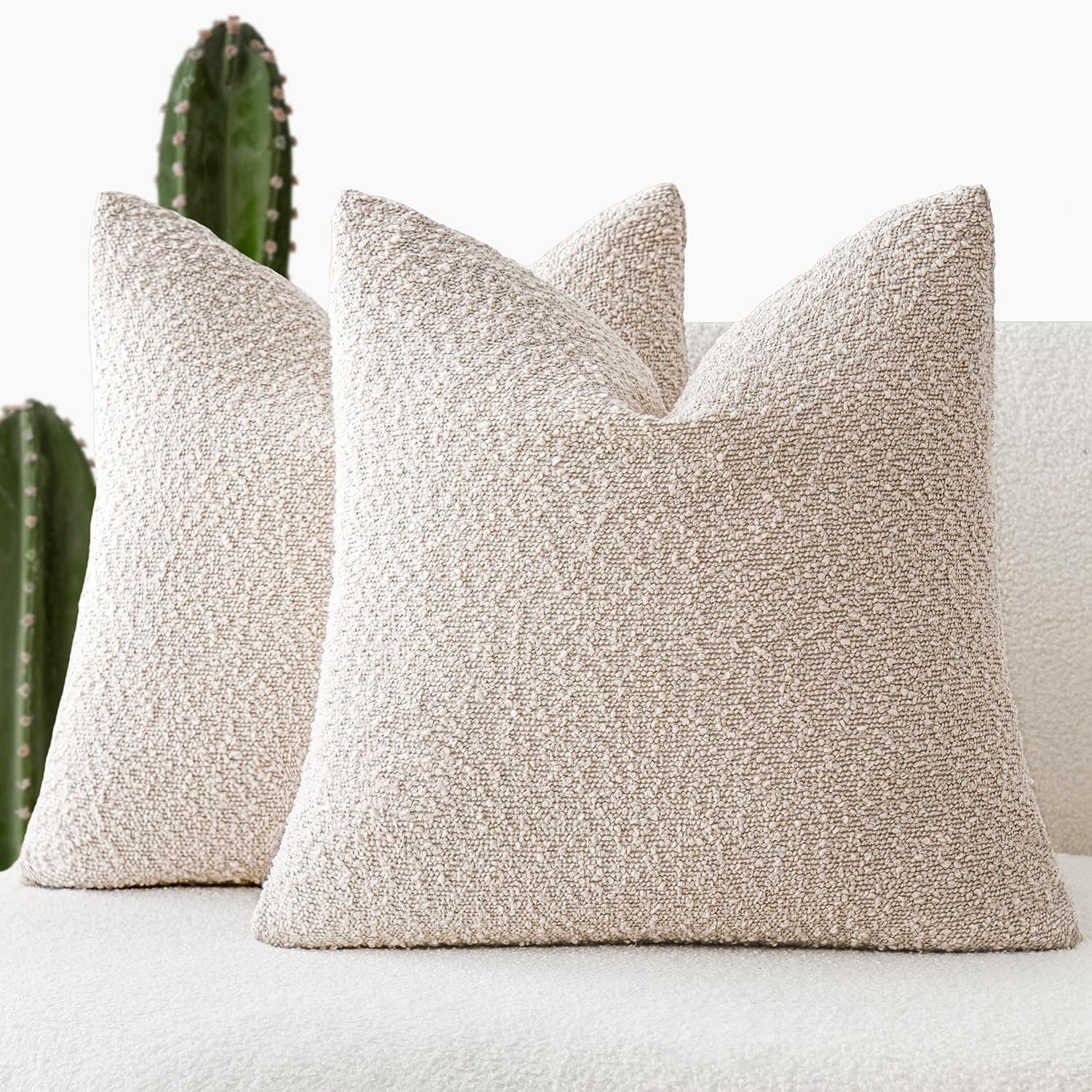 Foindtower Pack of 2, Decorative Textured Boucle Throw Pillow Covers Accent Solid Pillow Cases Cozy Soft Couch Cushion Case for Chair Sofa Bedroom Living Room Home Decor 22 x 22 Inch Ivory Beige