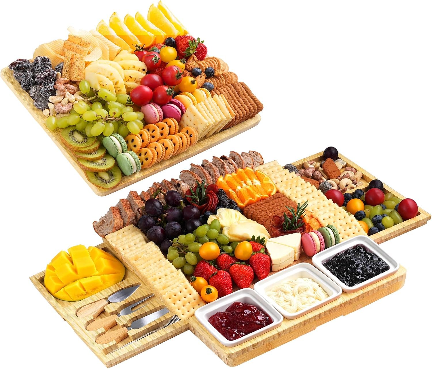 Large Bamboo Charcuterie Board, Double Pull-Out Trays Set, Natural | 15.8″x12.6″ Cheese Board with Dual Pull-Out Drawers, Ceramic Bowls, Knife Set, Ideal for Parties and Housewarming Gifts