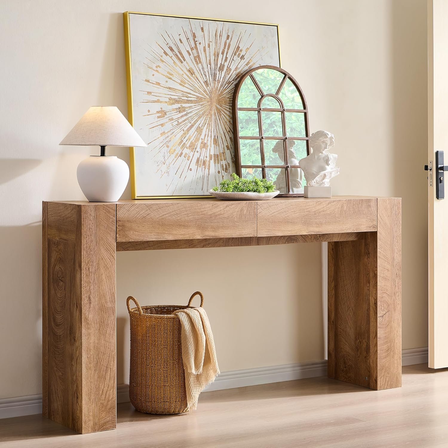 OKD 63″ Console Table with Drawers, Thick Block Entryway Table, Light Oak | 2 Large Storage Drawers, Sofa Table Behind Couch, Entryway Console Table, Hallway Table for Living Room & Foyer
