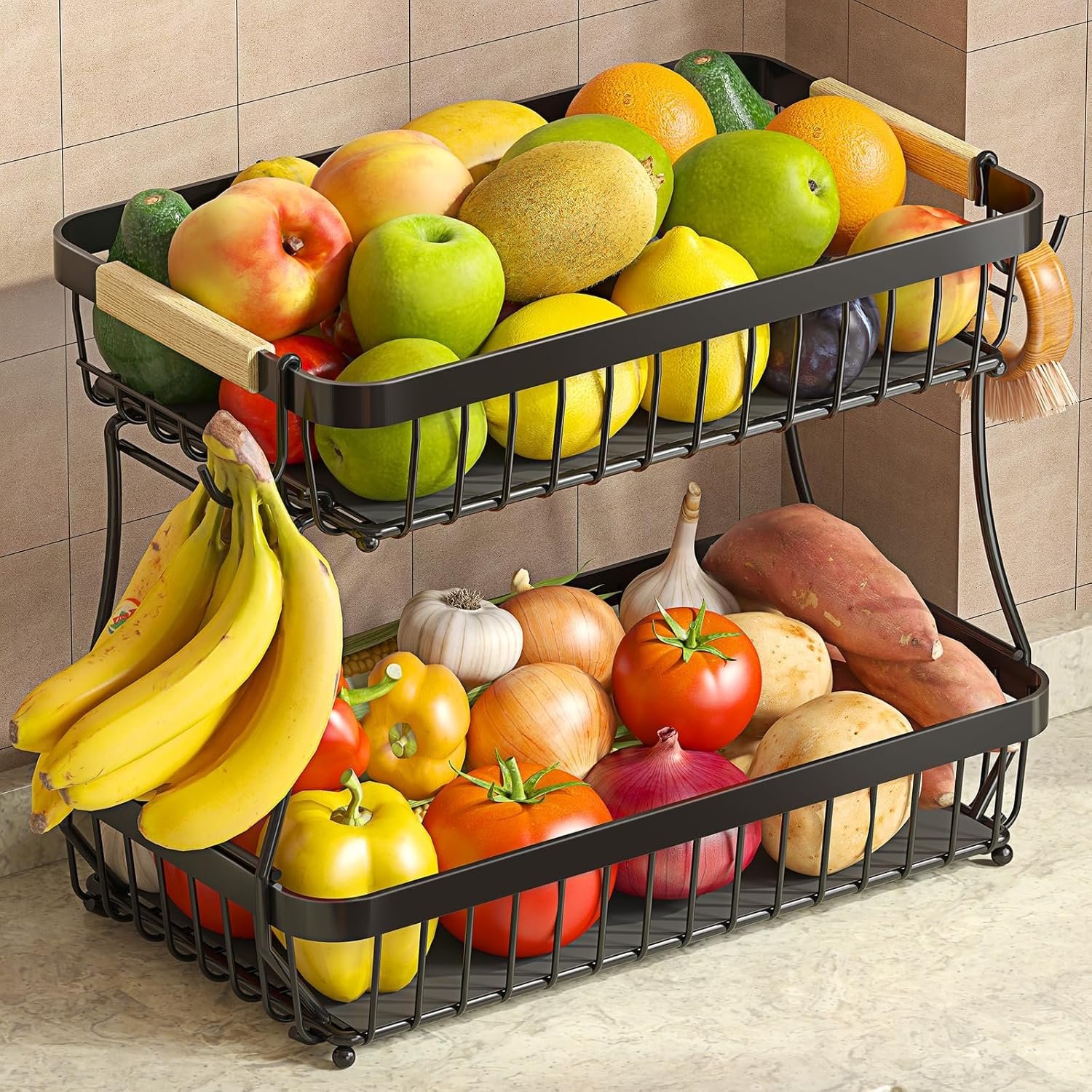 2-Tier Fruit Basket with Banana Hangers, Detachable Metal Bowl | Wooden handle, protective mats included. Versatile holder for bread, snacks, and veggies. Large 2 tier metal design.