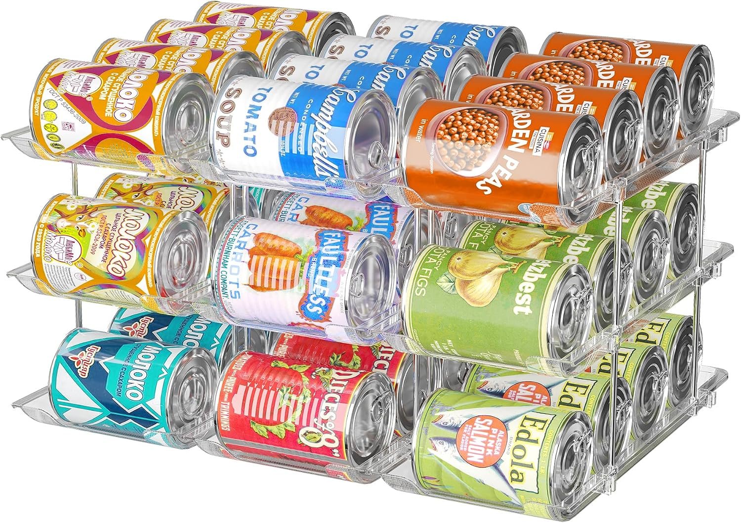 Can Organizer for Pantry, 3 Tier Rolling Can Storage Organizer Pantry | Automatic Rolling, Holds 36 Cans, Modular Combination, Clear, Fits Cabinets, Pantry & Fridge, Easy Access, Space Saving