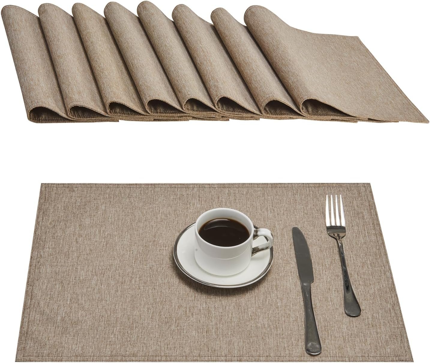 Cloth Place Mats Set of 8–Reusable Rectangular Waterproof Fabric Polyester Washable Wipeable Heat Resistant Linen for Kitchen Dining Dinner Restaurant Wedding Table(Flaxen/13×19 Inch)