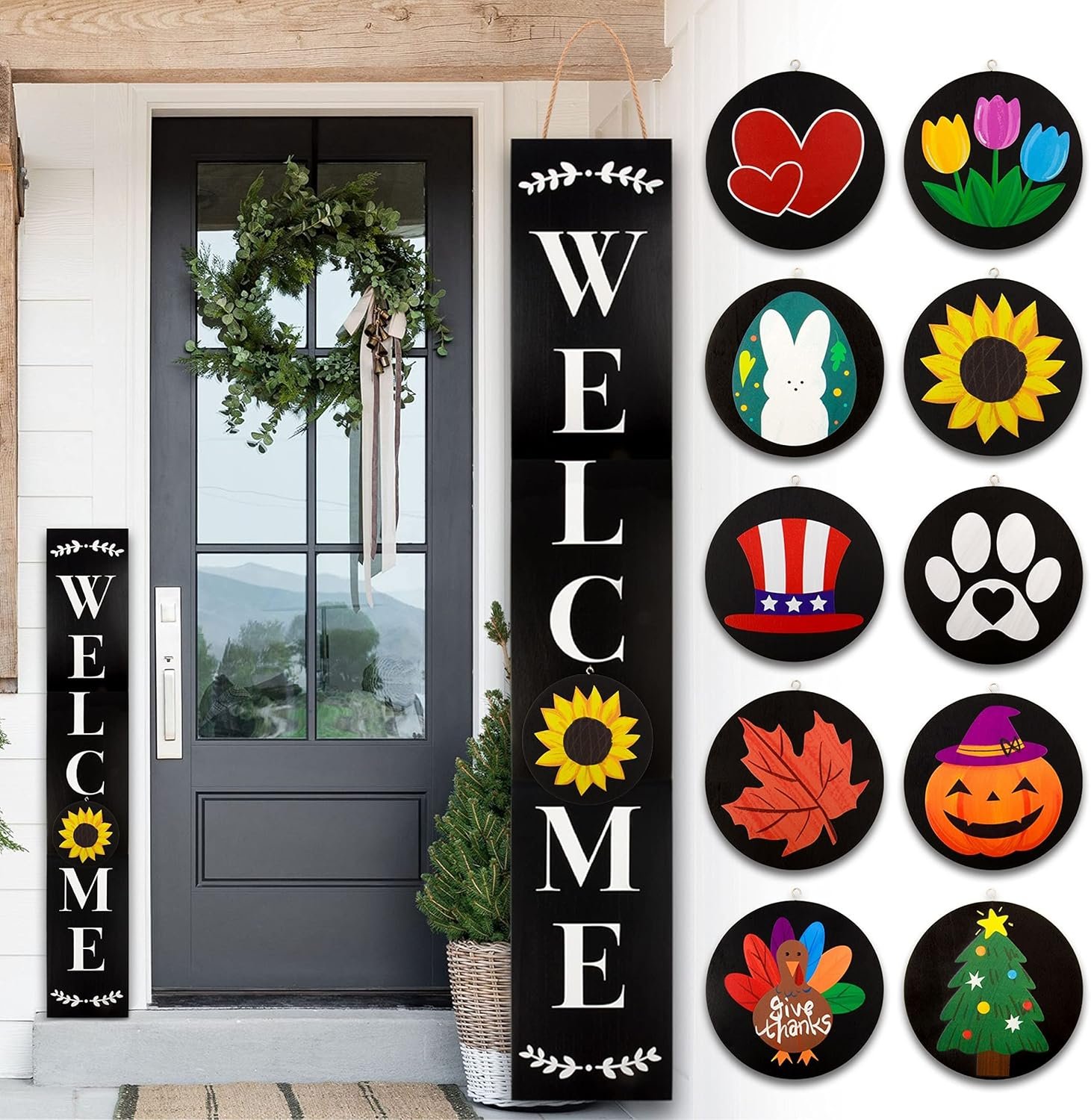 Monjita Welcome Sign for Front Porch Standing, Interchangeable Wooden Sign with 5 Designed Double-Sided Icons for Front Door, All Seasonal Farmhouse Rustic Modern Porch Decor for Fall Harvest