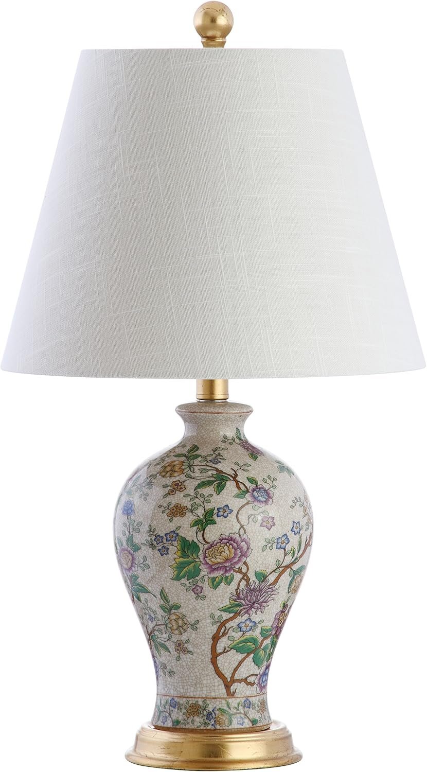 JONATHAN Y Grace 24″ French Country Floral Urn Ceramic Lamp, Multi-Colored | Chinoiserie Ginger Jar, French Country Cottage Style, Linen Shade, Gold Metal Base, LED Bulb Included