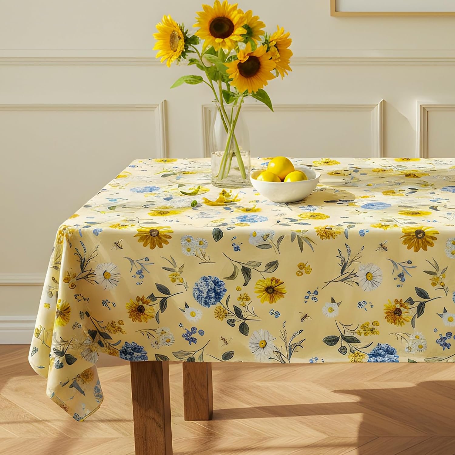 Summer Floral Tablecloth Waterproof Yellow Table Cover with Sunflowers, Hydrangeas & Daisies – Waterproof Fabric Table Cloth for Dining Room, Kitchen, Party & Outdoor Decor, W60 x L84 in