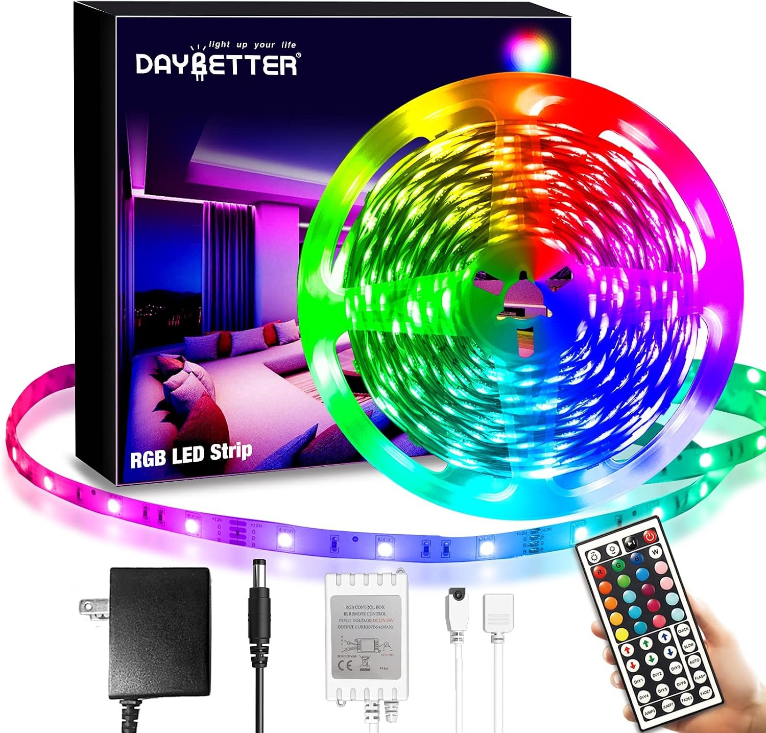 DAYBETTER SMD 5050 Remote Control Led Strip Lights 20ft, RGB Color Changing Led Strip with Remote Control for Room, Bedroom, Suitable for Home Decor, Living Room, Kitchen, Home Party Decoration, 24V | 5050 SMD chips, 8 modes & 6 DIY presets. Cuttable for kitchen, living room, party. Strong adhesive on indoor surfaces.
